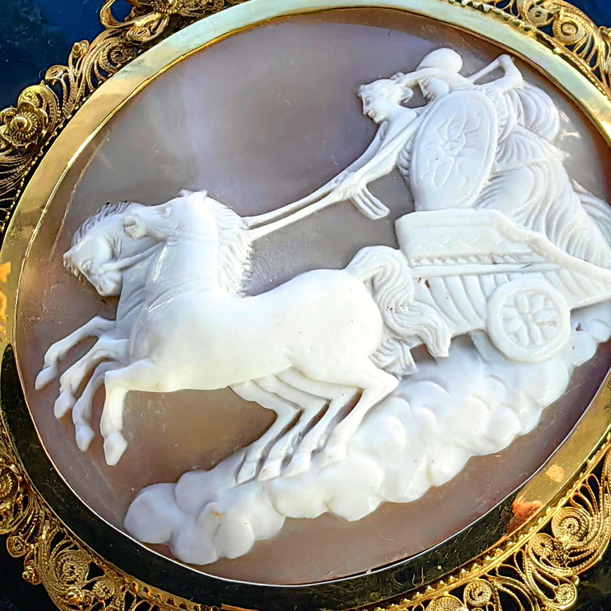 Antique 1830s Empire Shell Cameo Brooch Pendant: 14k Yellow Gold Filigree