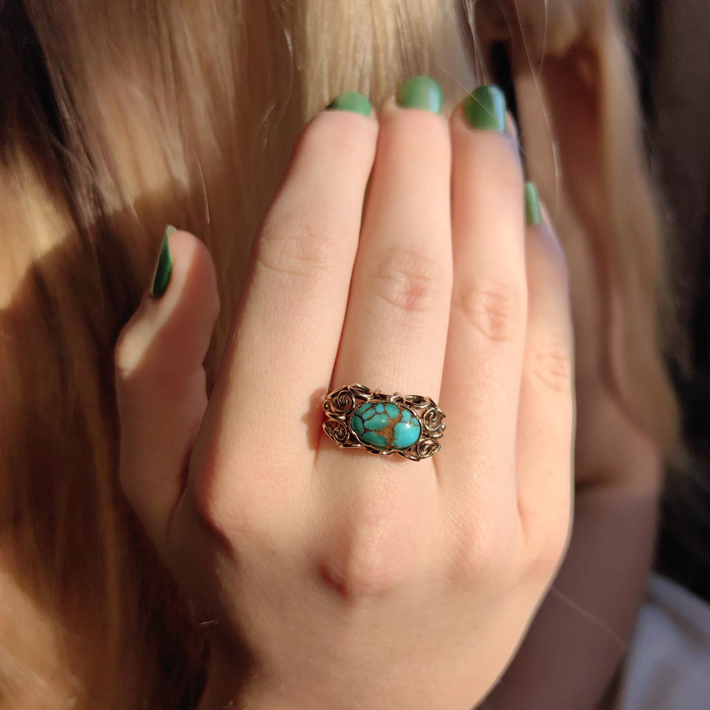 Art Deco Natural Blue Turquoise Ring, 14k Yellow Gold Antique Statement Ring, 1930s Cabochon Gemstone Vintage Jewelry Gift