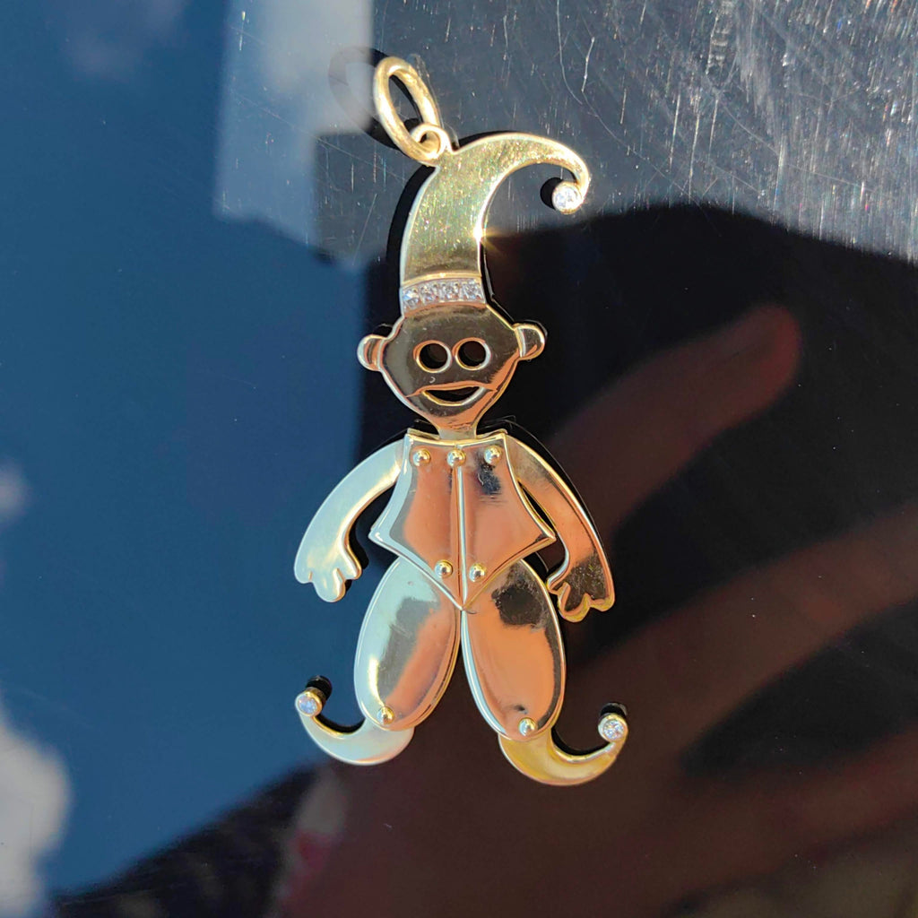 Vintage WEMPE 14K Solid Yellow Gold Jester Clown Pendant with Moving Dangle and Diamonds Large Medal Pendant Retro Fun Jewelry Gift