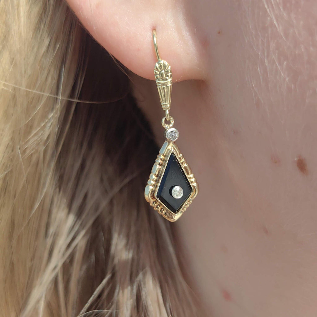 1920s Art Deco Onyx Diamond Dangle Earrings, 14k Gold Old European Cut Hallmarked Antique