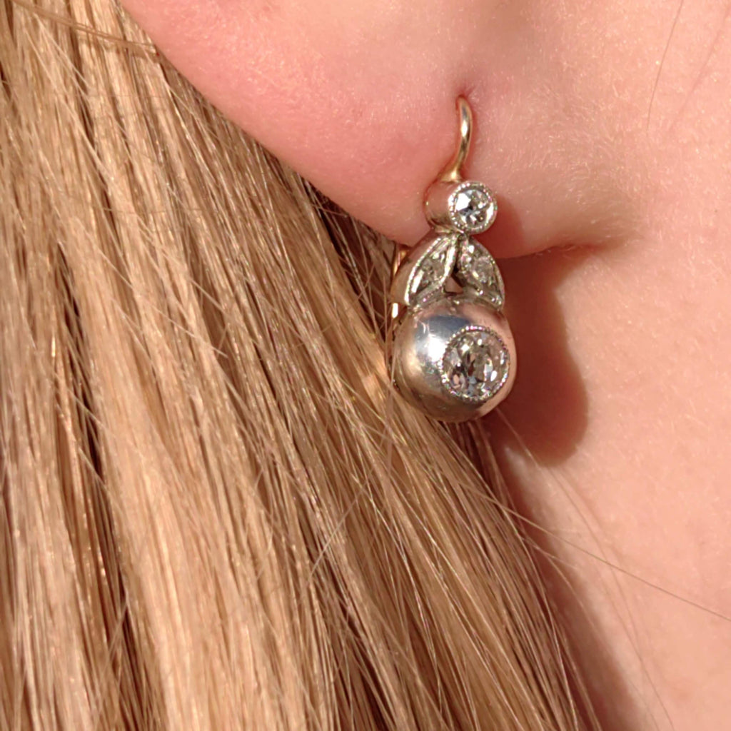 Art Nouveau 1900s Diamond "Buds" Dangle Earrings Antique 14k Yellow Rose Gold Floral Jewelry Gift Present