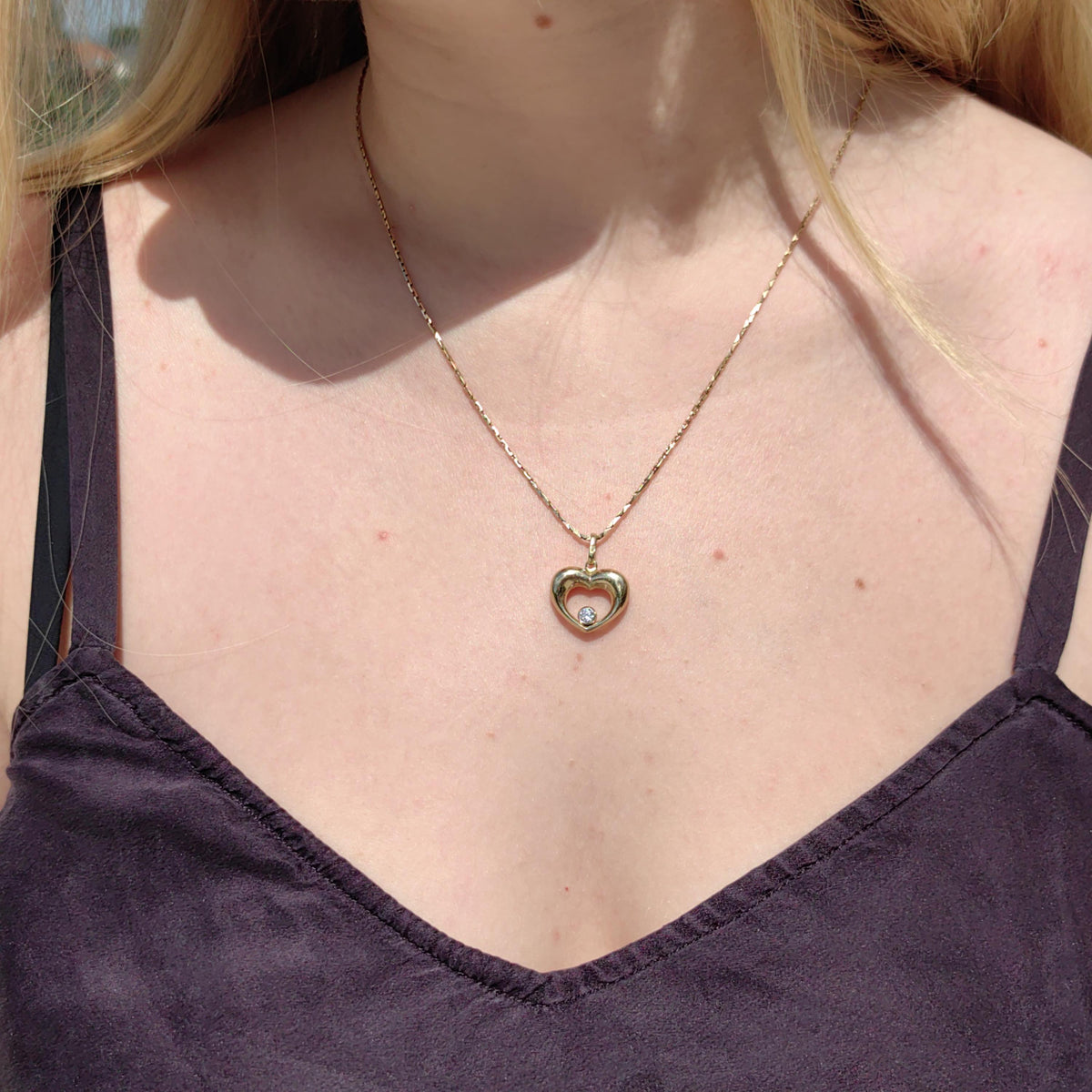 14k Solid Hallmarked Yellow Gold Heart Shaped Love Charm Pendant Cubic Zirconia Vintage Necklace Elegant Dainty Gift for Her