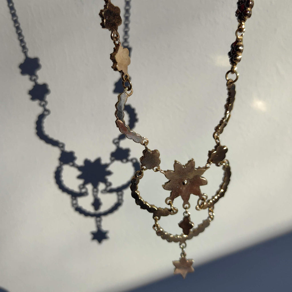 1930s Garnet Floral Necklace: Gold Plated Silver Statement Jewelry