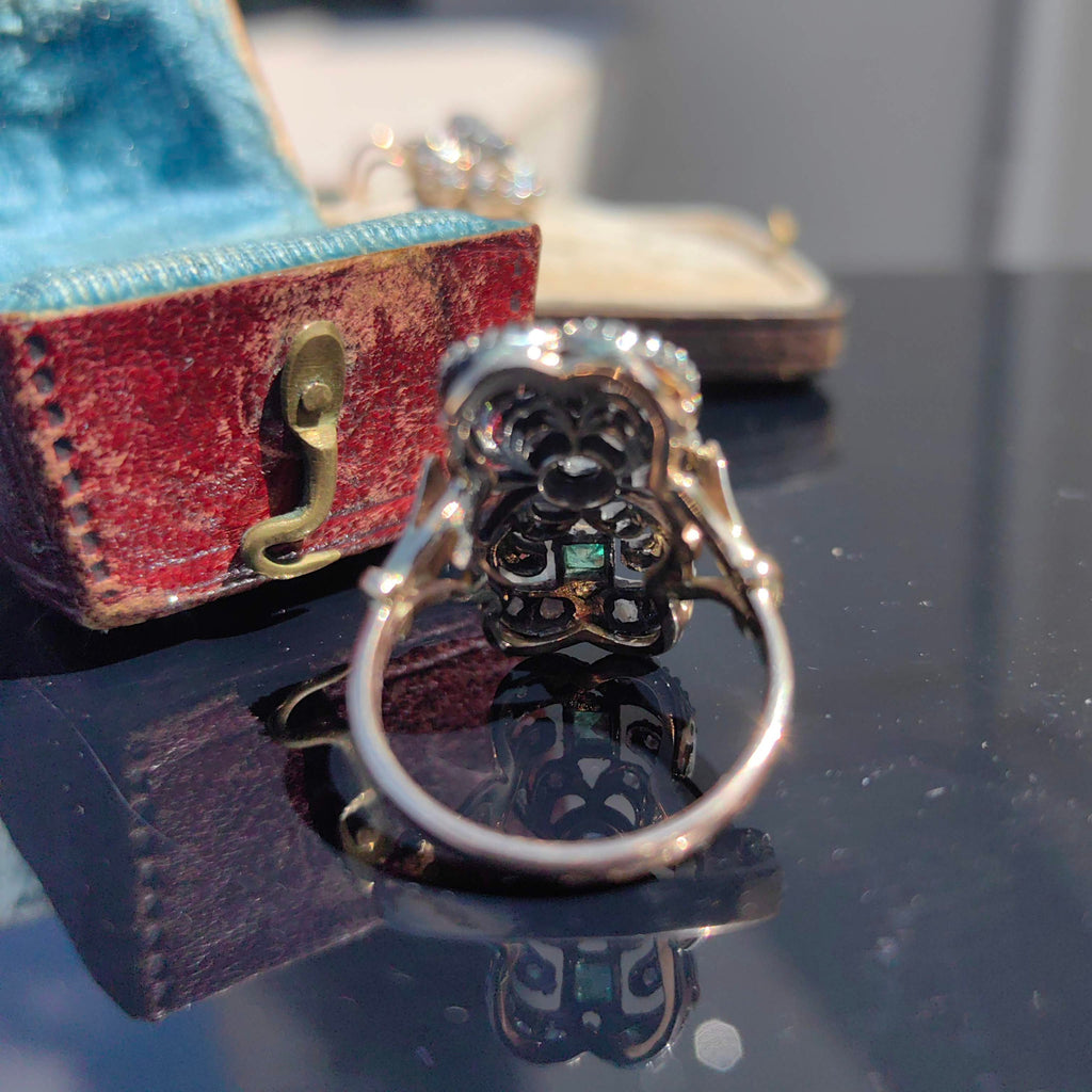 Art Deco Natural Green Emerald Rose Diamond in Silver Setting Elegant Ring 14k Gold & Silver, 1940s Vintage Antique Gift for Her
