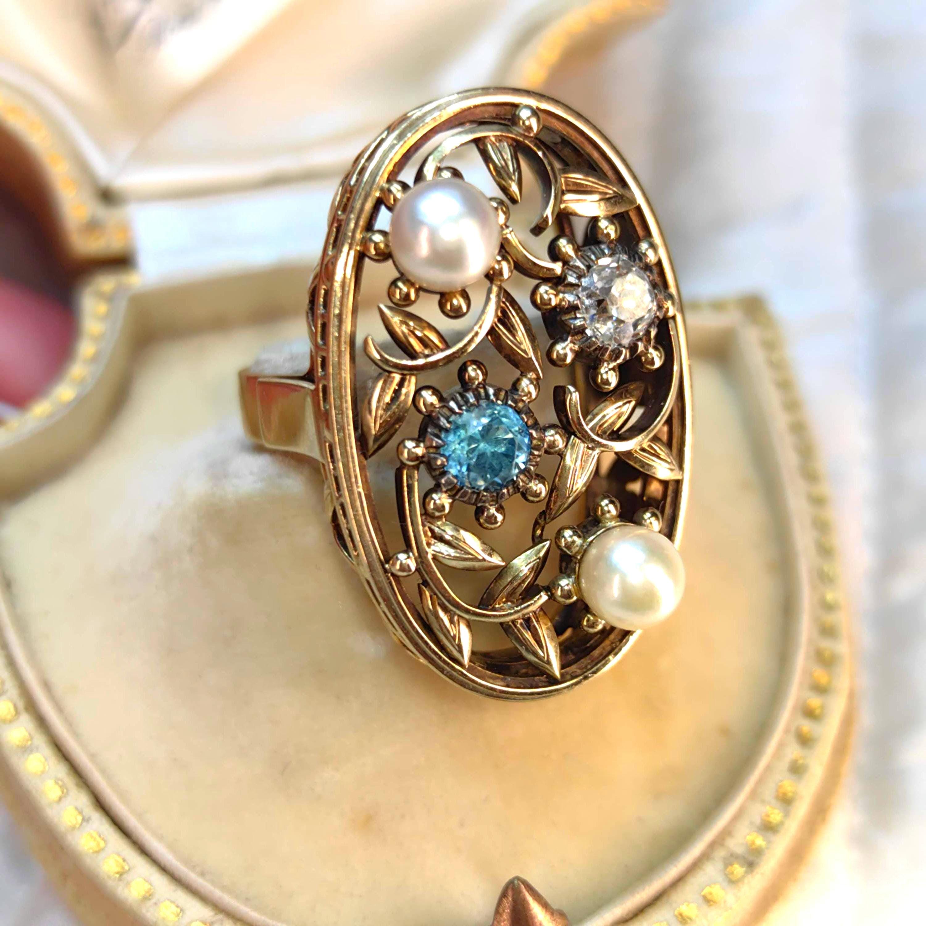 Antique 14k Solid Yellow Rose Gold Art Nouveau 1900s Elegant Ring Diamond, Pearl & Blue Zirconia Floral Handmade Statement Ring
