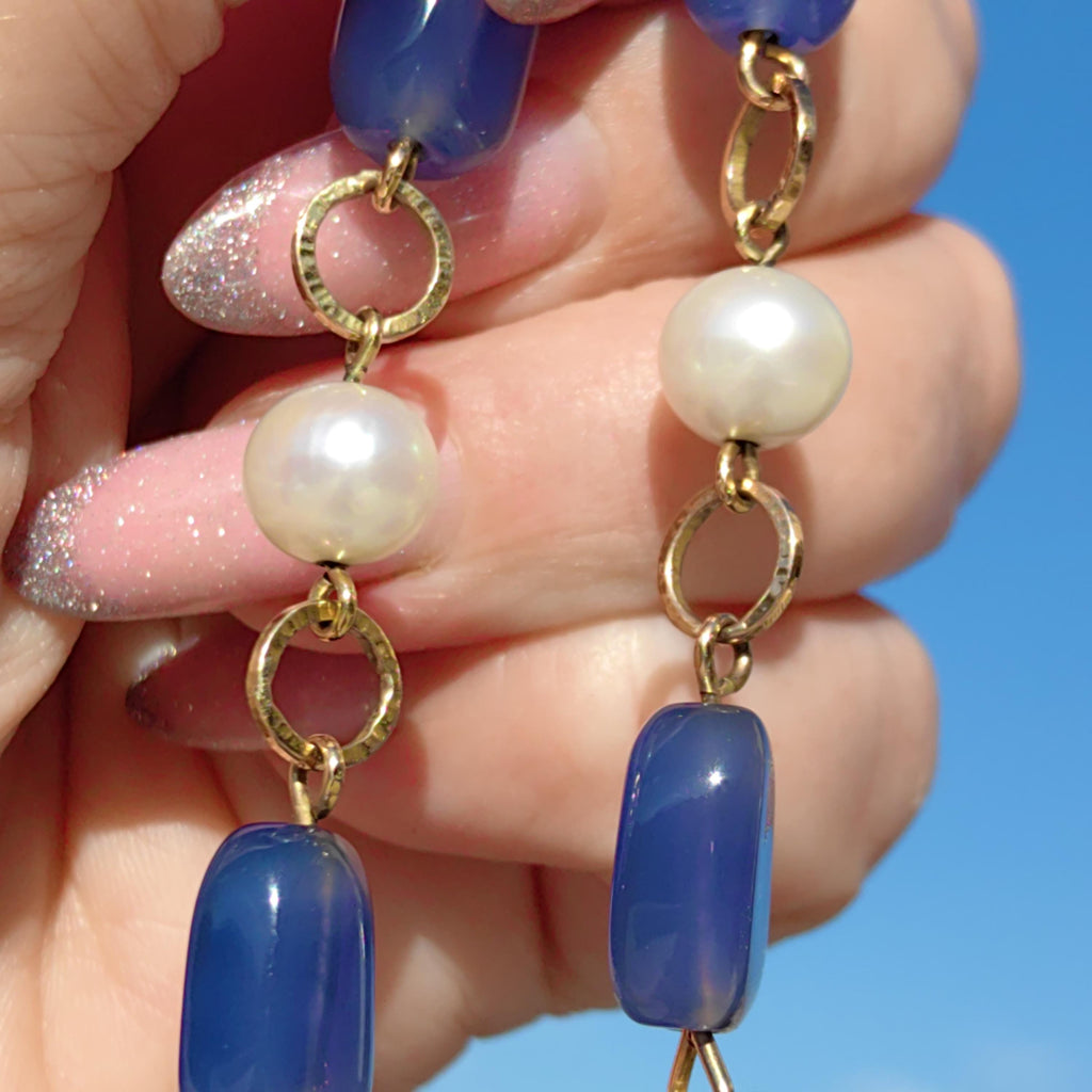 1960s Blue Chalcedony Pearl Bracelet: 18k Gold Beaded Chain