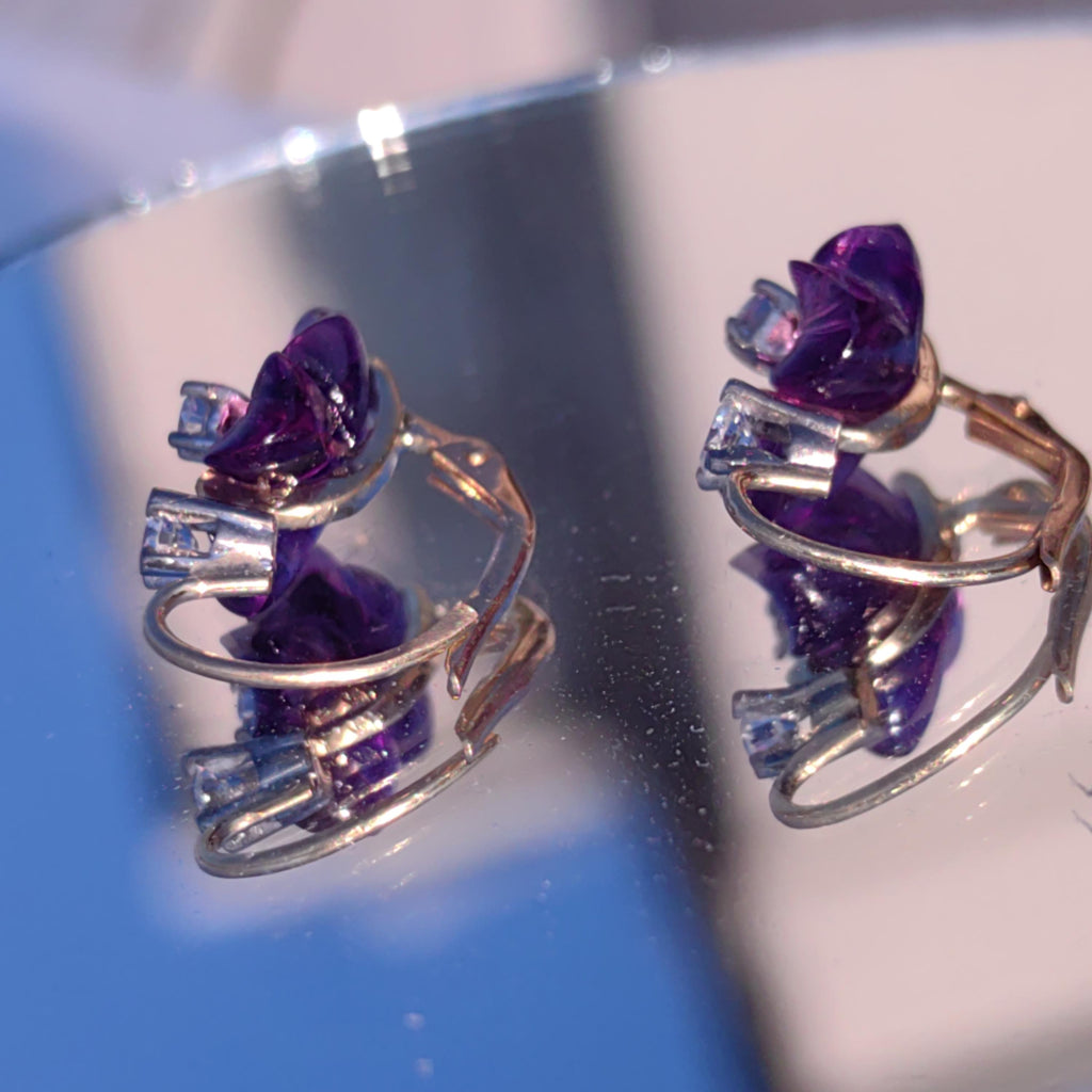 Natural Amethyst and Diamond 18k Solid Gold Flower Sleepers Dormeuse Vintage Antique 1950s Elegant Purple Crystal Earrings Gift for Her