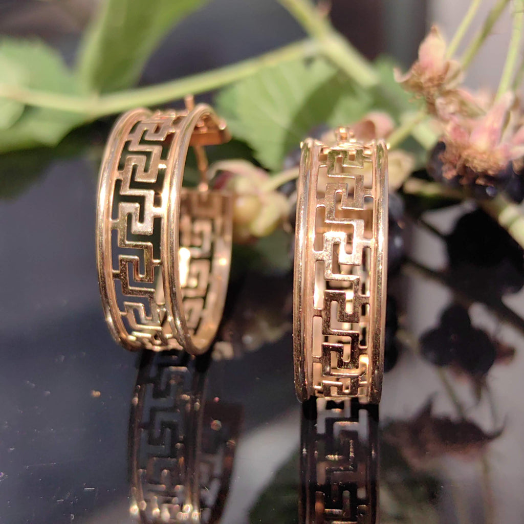 Vintage 14k Gold Hoop Earrings: Greek Meander Versace Style
