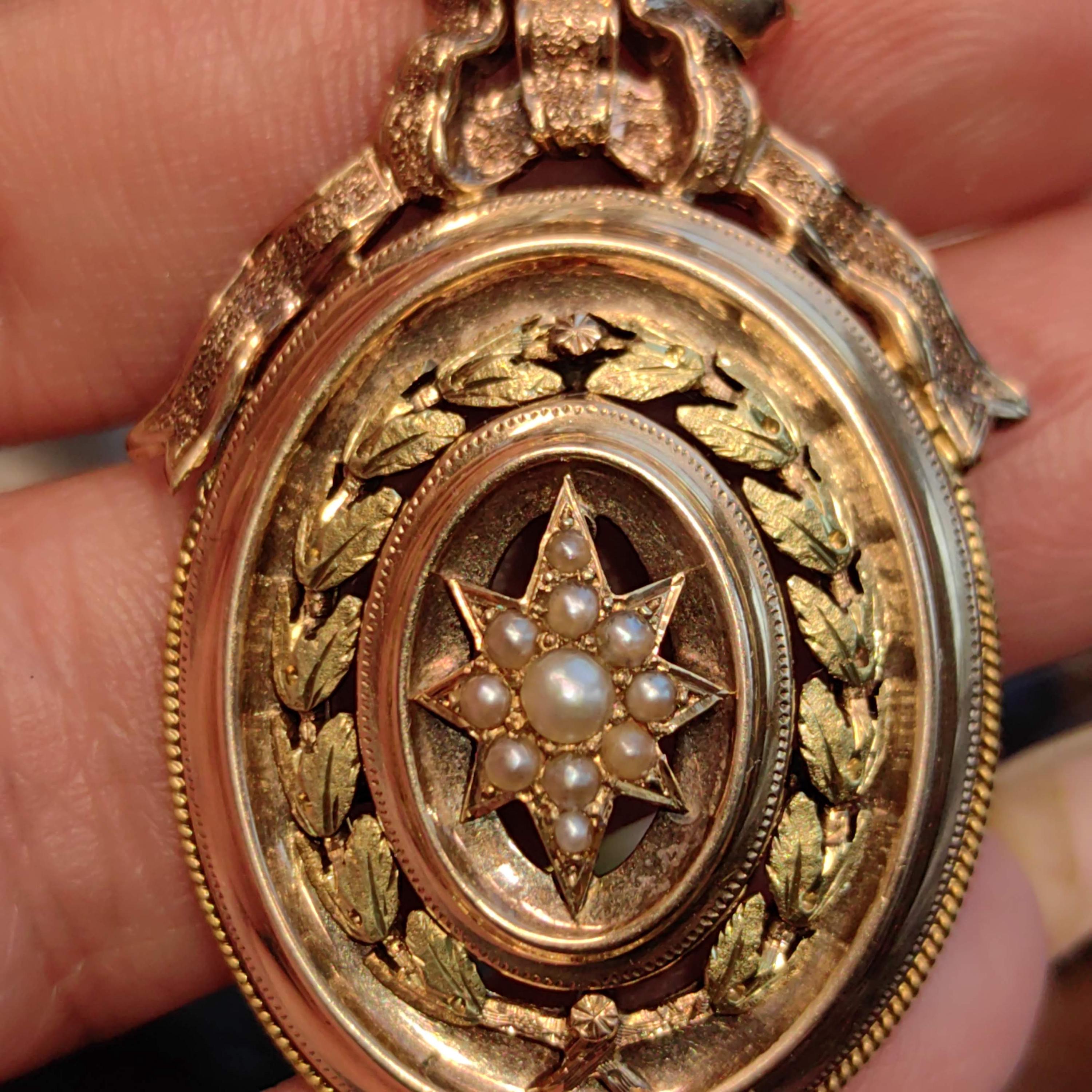 18k Gold Natural Pearl Pendant: Antique Bow Star Charm