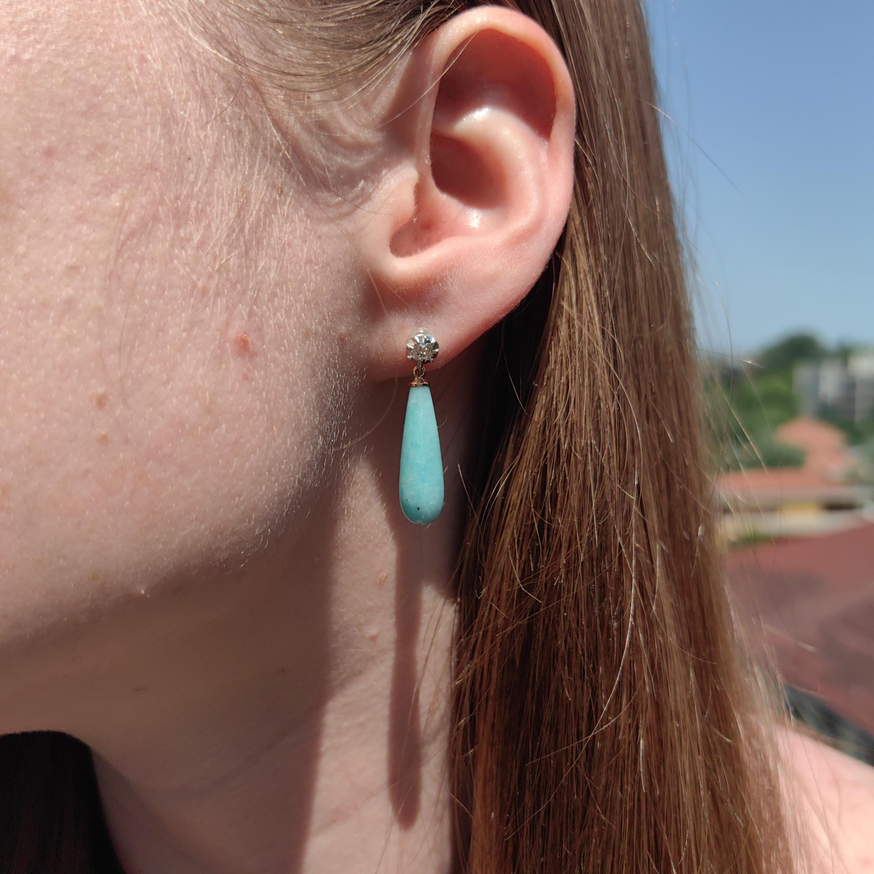 Victorian 1880s Blue Amazonite Diamond Solid 14k Gold Dangle Drop Statement Earrings Rose Cut Diamond Gift for Her Present