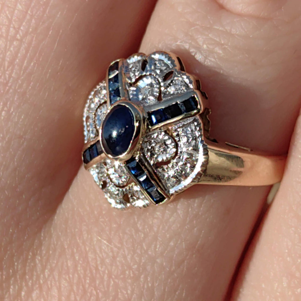 Vintage Art Deco 14k Gold Sapphire Diamond Ring - Size 6.5