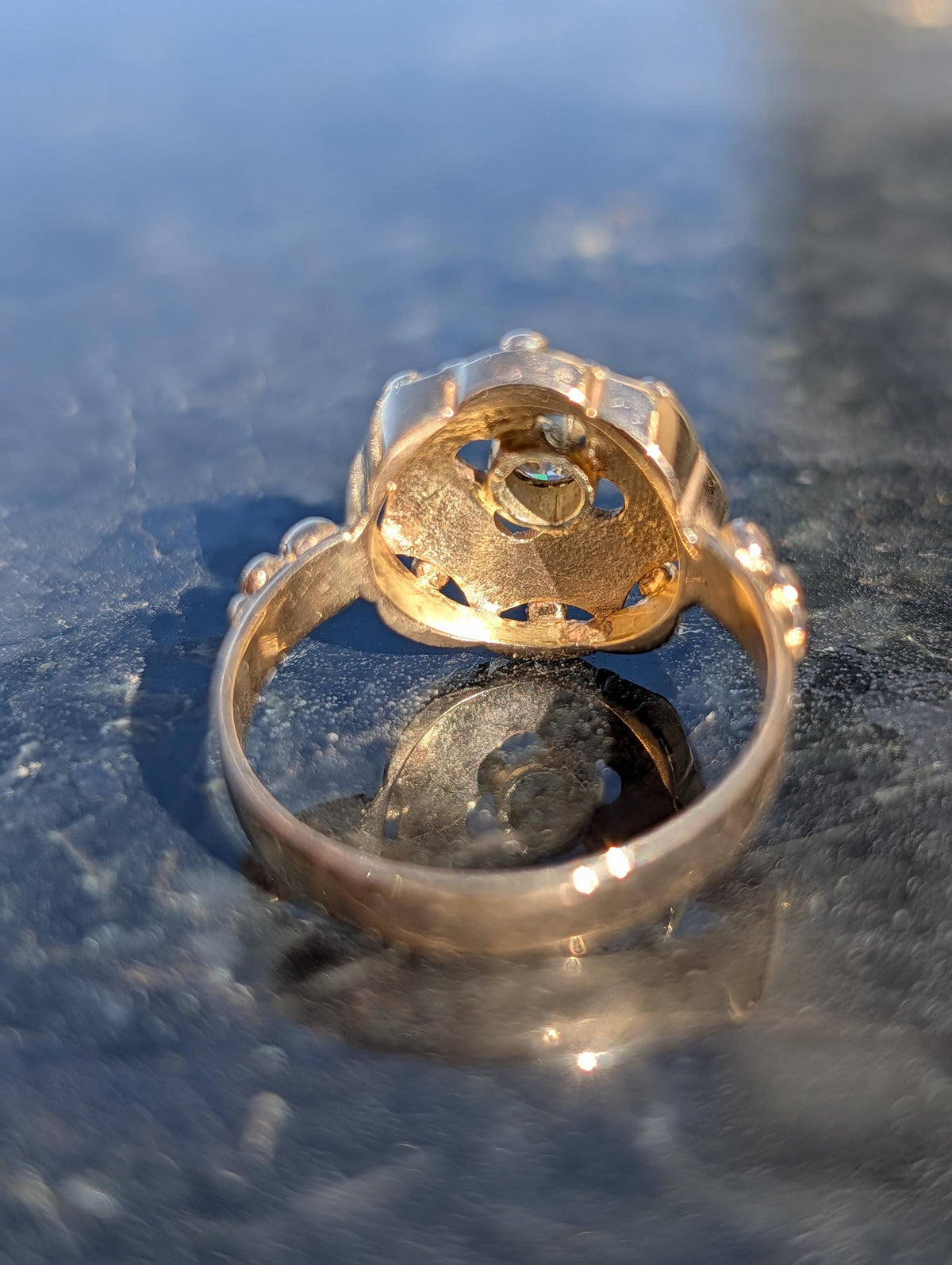 1920s Art Deco Diamond Ring 14k Yellow Gold, Old European Cut Diamond Statement Ring, Antique Floral Ring US 8.75