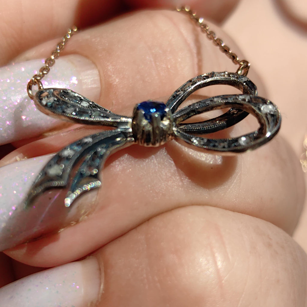 Victorian Sapphire Diamond Bow Pendant: 14k Yellow Gold Antique Necklace