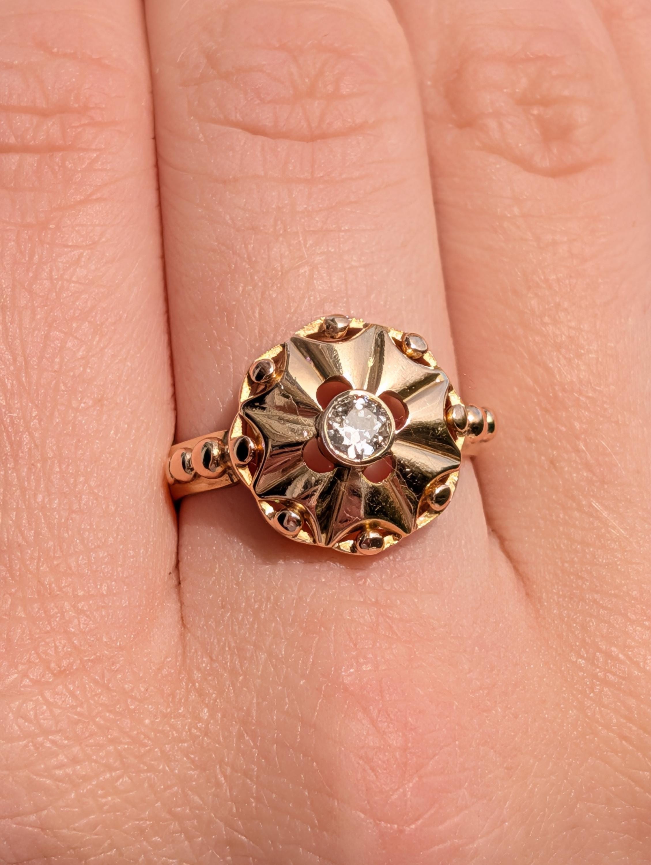 1920s Art Deco Diamond Ring 14k Yellow Gold, Old European Cut Diamond Statement Ring, Antique Floral Ring US 8.75