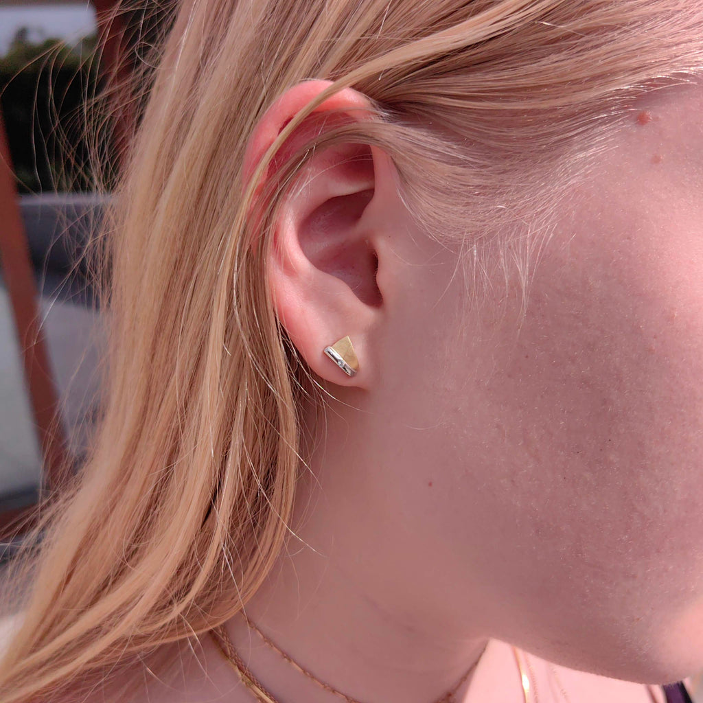 14k Yellow & White Gold Diamond Triangle Stud Earrings – Geometric Dainty Jewelry