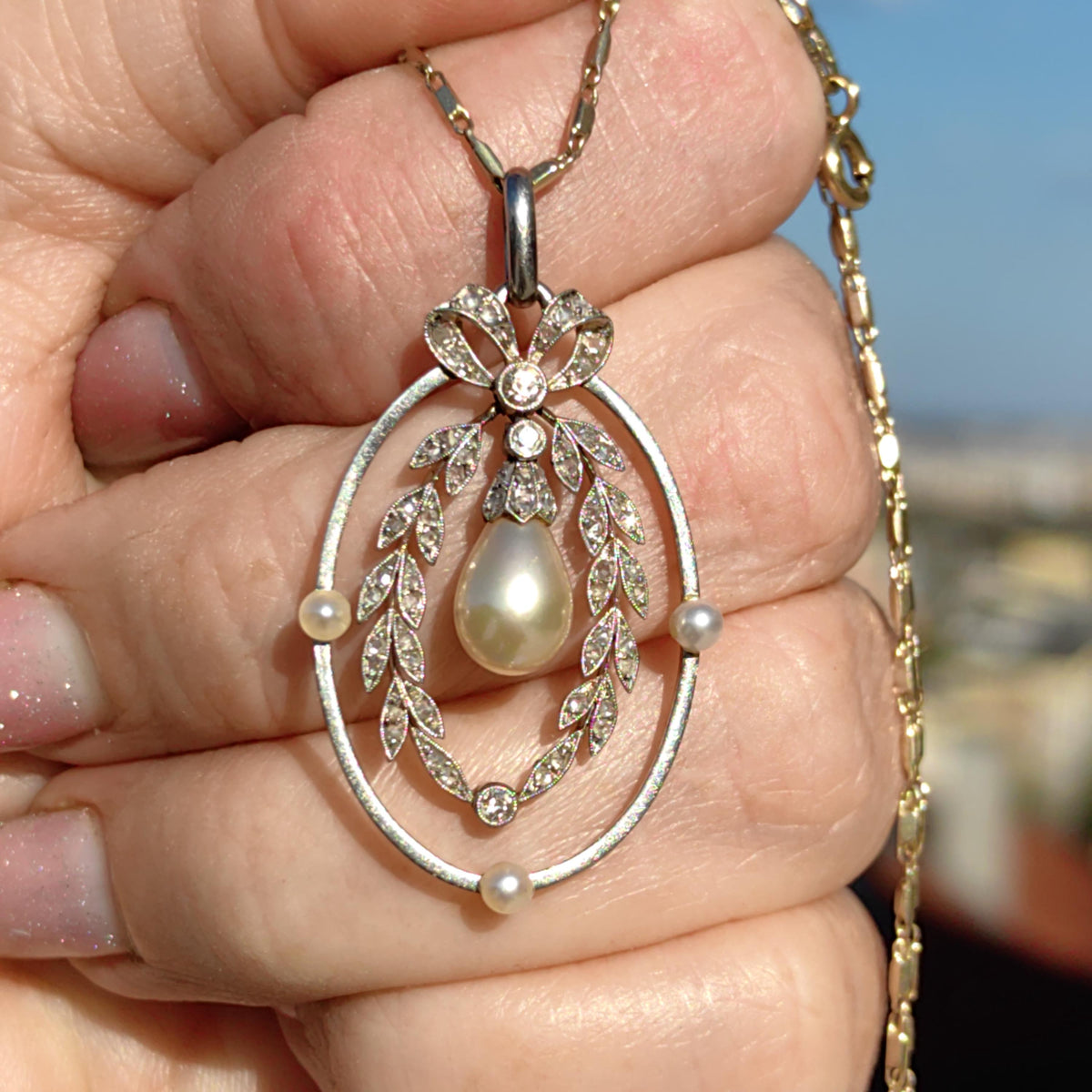 Art Nouveau Diamond Pearl Pendant: 18k Gold Platinum Edwardian Jewelry