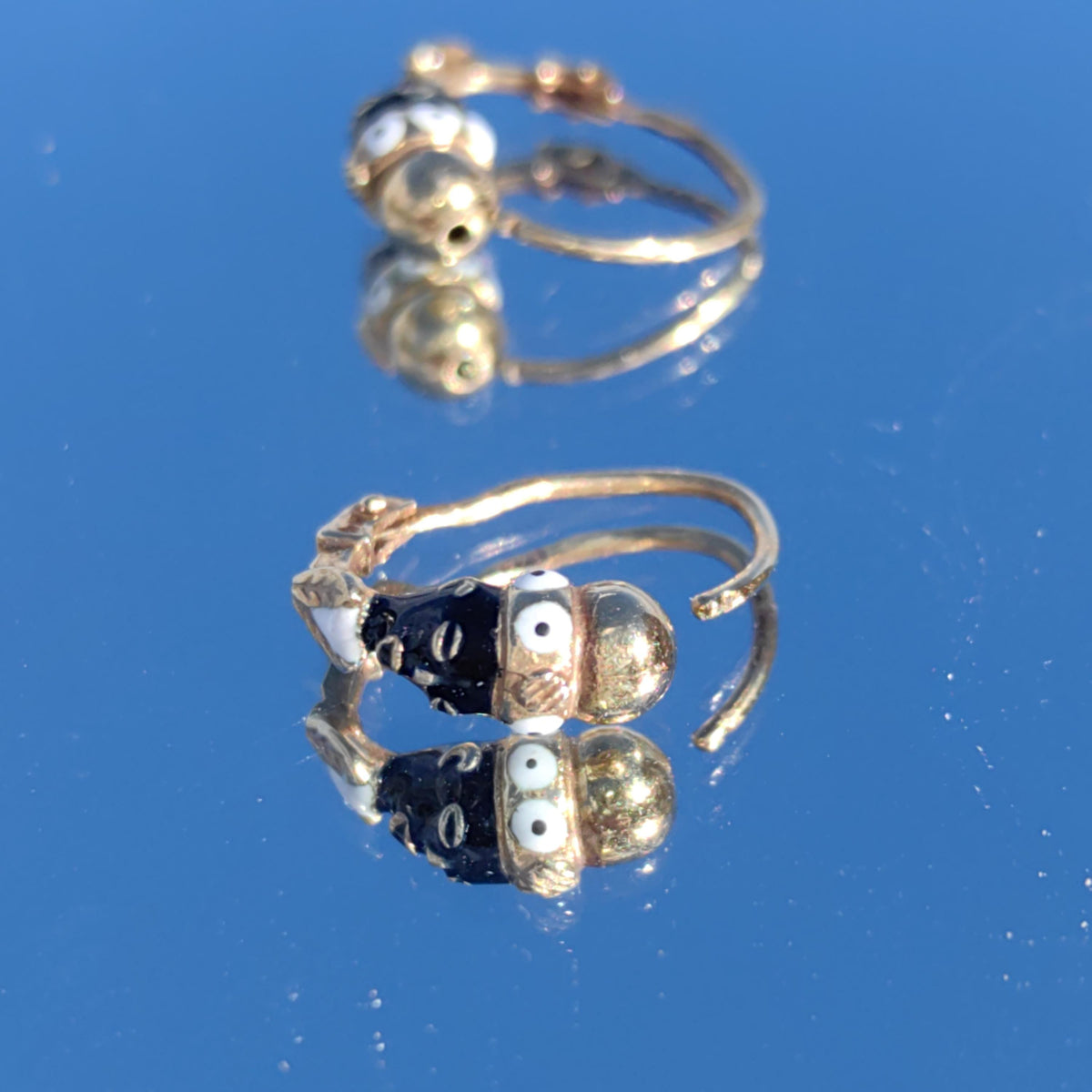 Antique Moor Sleepers Moretti Vintage Dormeuses Enamel Solid 14k Yellow Gold rear Closure, Art Deco Dainty Red Gold Black Earrings