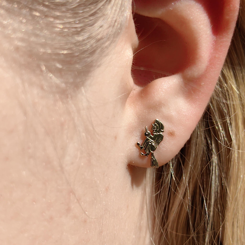 14k Gold Witch Broom Earrings: Antique Mystical Studs