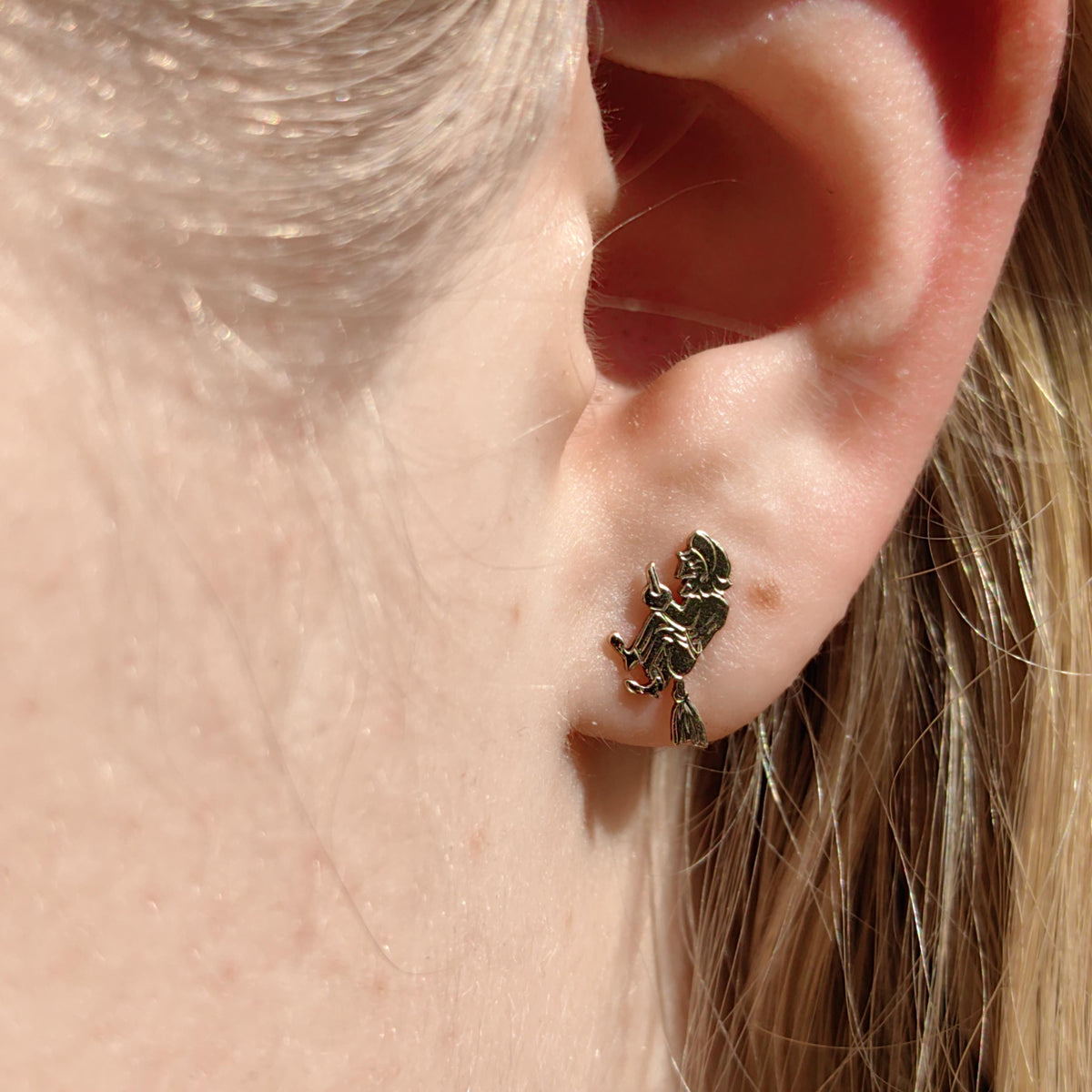 14k Gold Witch Broom Earrings: Antique Mystical Studs