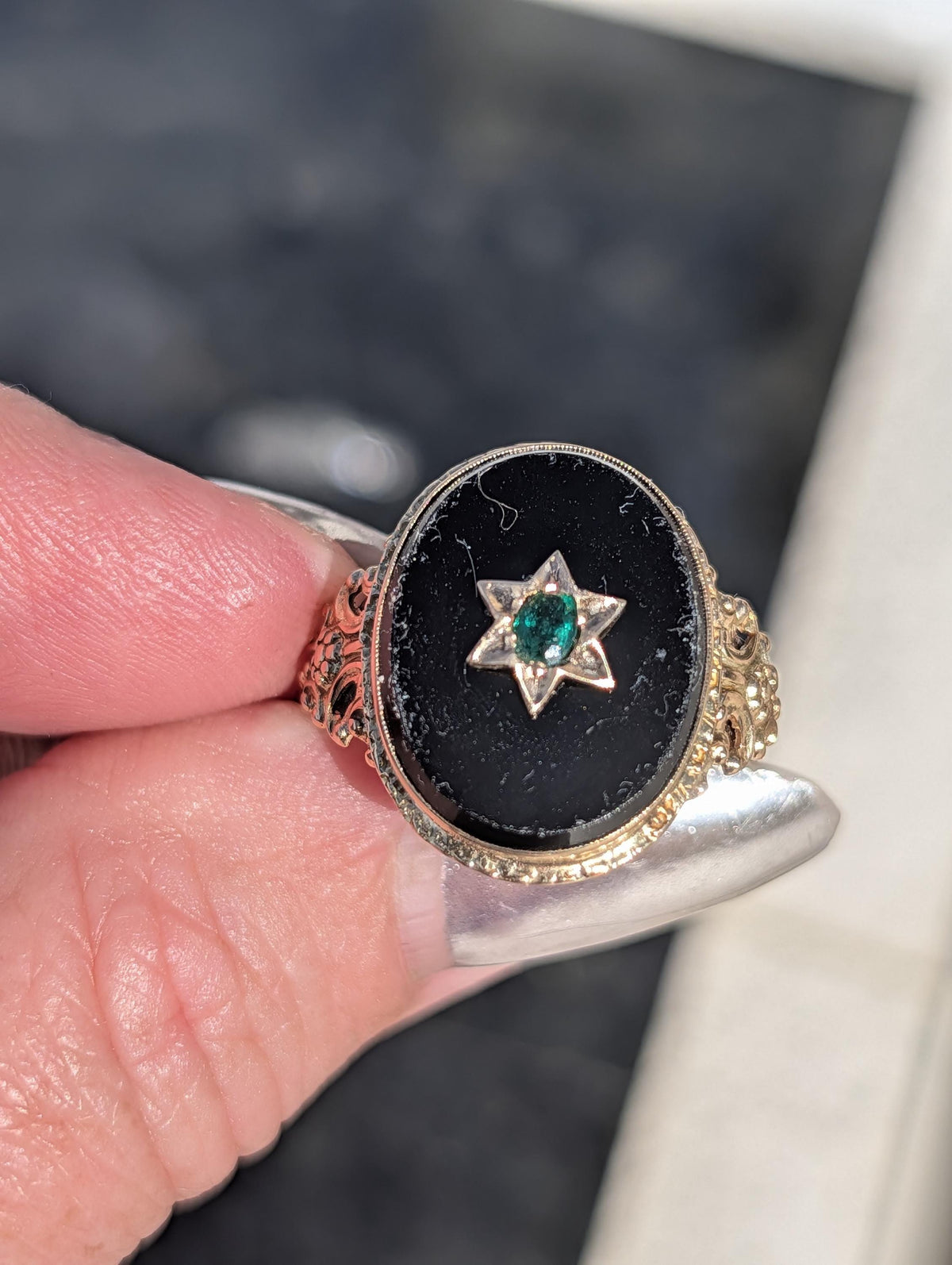 1920s Art Deco Natural Emerald Black Onyx 14k Gold Judaica Star of David Ring, Antique Geometric Statement Ring, Gift for Her