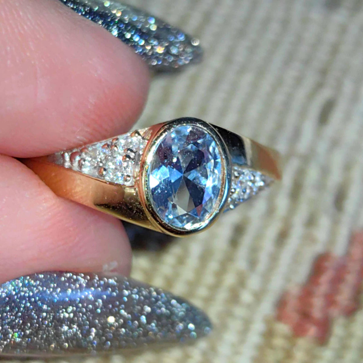 Vintage Light Blue Aquamarine 14k 585 Hallmarked Solid Yellow Gold Cubic Zirconia Elegant Ring Gift for Her Engagement Ring