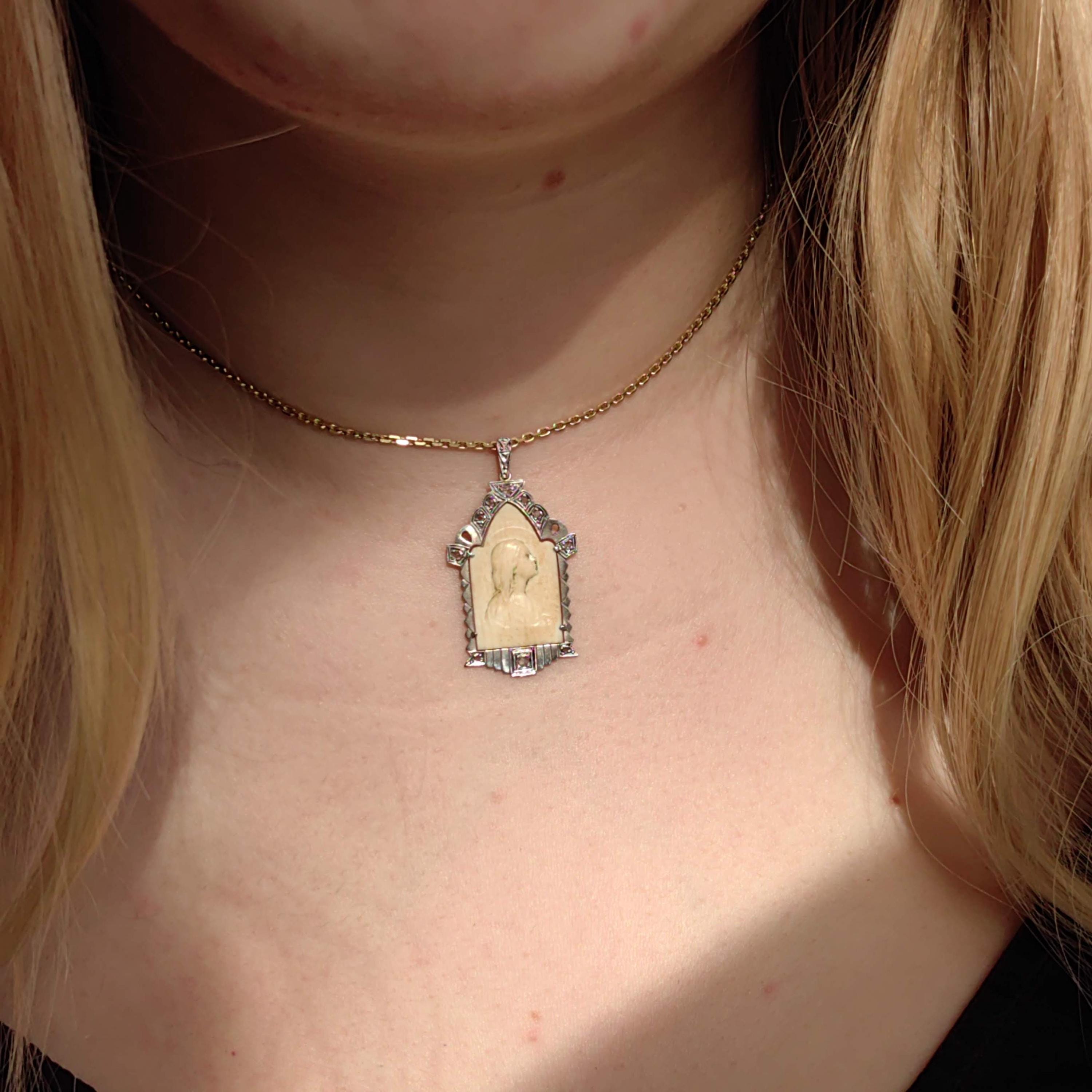Vintage 1930s Diamond Bone Hand Carved Cameo Pendant 18k Gold & Platinum Bone Portrait Medal Antique Present