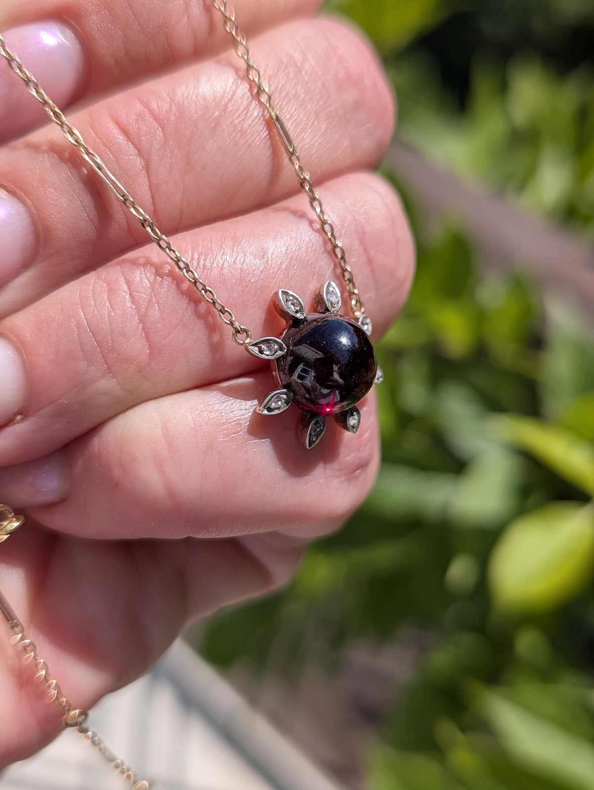 Victorian Garnet Necklace 14K Gold Floral Pendant Antique 1890s Handmade Red Cabochon Garnet Charm Vintage Necklace Gift for Her