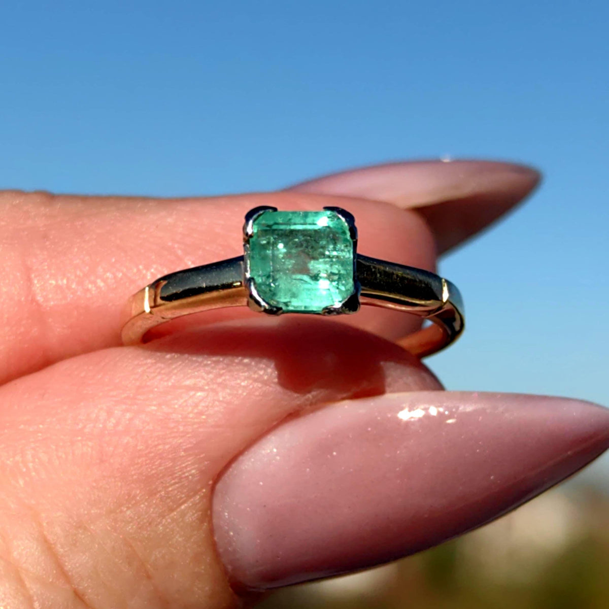 Vintage Antique Natural Amazing Green Mint square Emerald Hallmarked 14k Solid Yellow Gold Band Ring Solitaire Engagement Ring Gift for Her