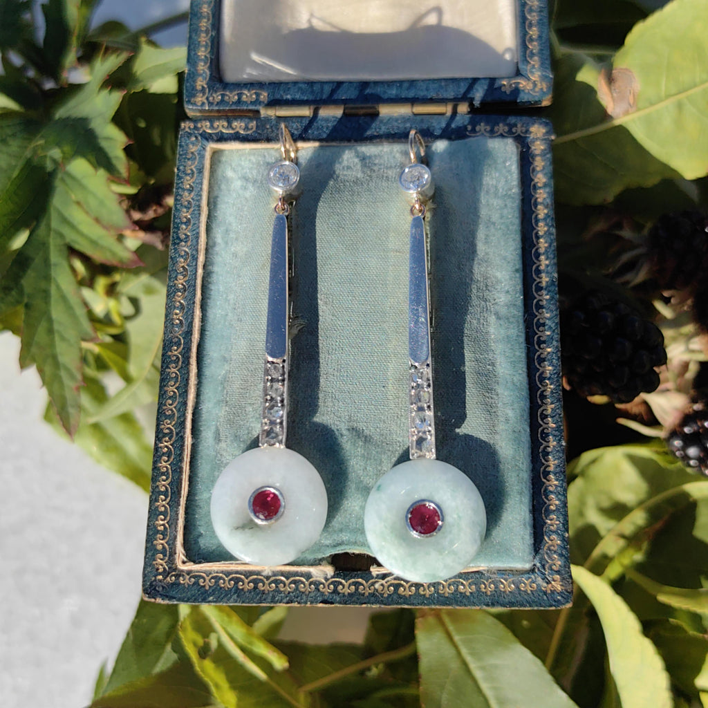 Unic Art Deco white/green Jade Drop Dangle Earrings old cut Diamond Natural Ruby 14k Solid white/yellow Gold ancient Jade discs stunning