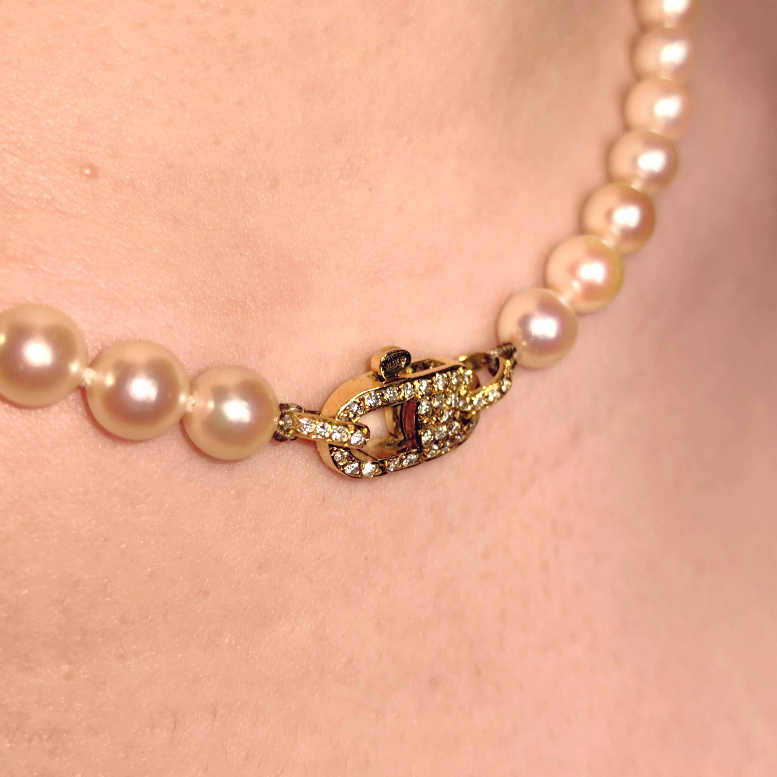 Vintage Pearl Beaded Necklace: 0.75 ct Diamond 18k Yellow Gold Lock