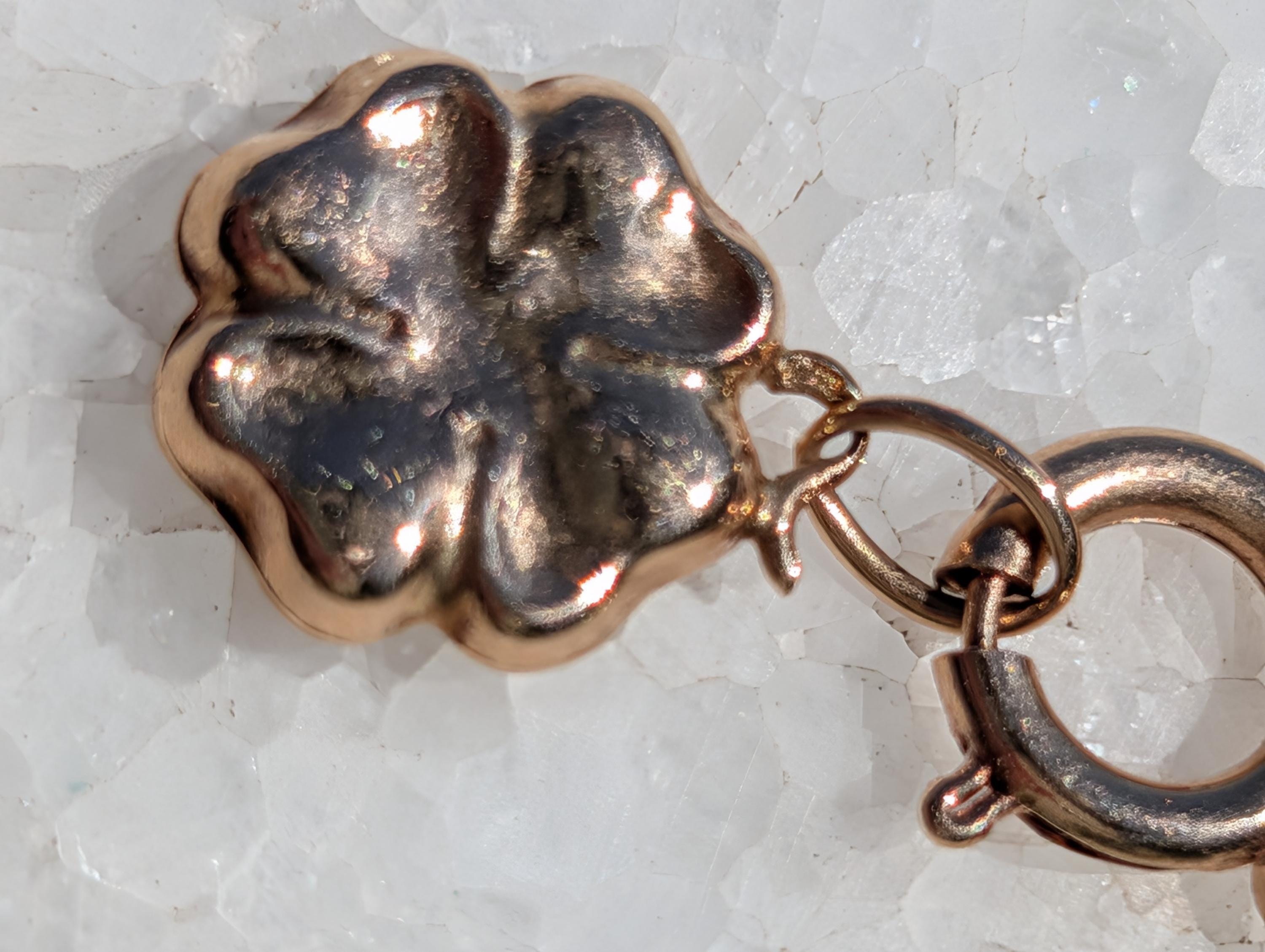 Art Nouveau Link Bracelet 14k Yellow Rose Gold Antique 1900s Four Leaf Clover Charm Bracelet Dainty Lucky Jewelry Gift HTS 9706 US duty free