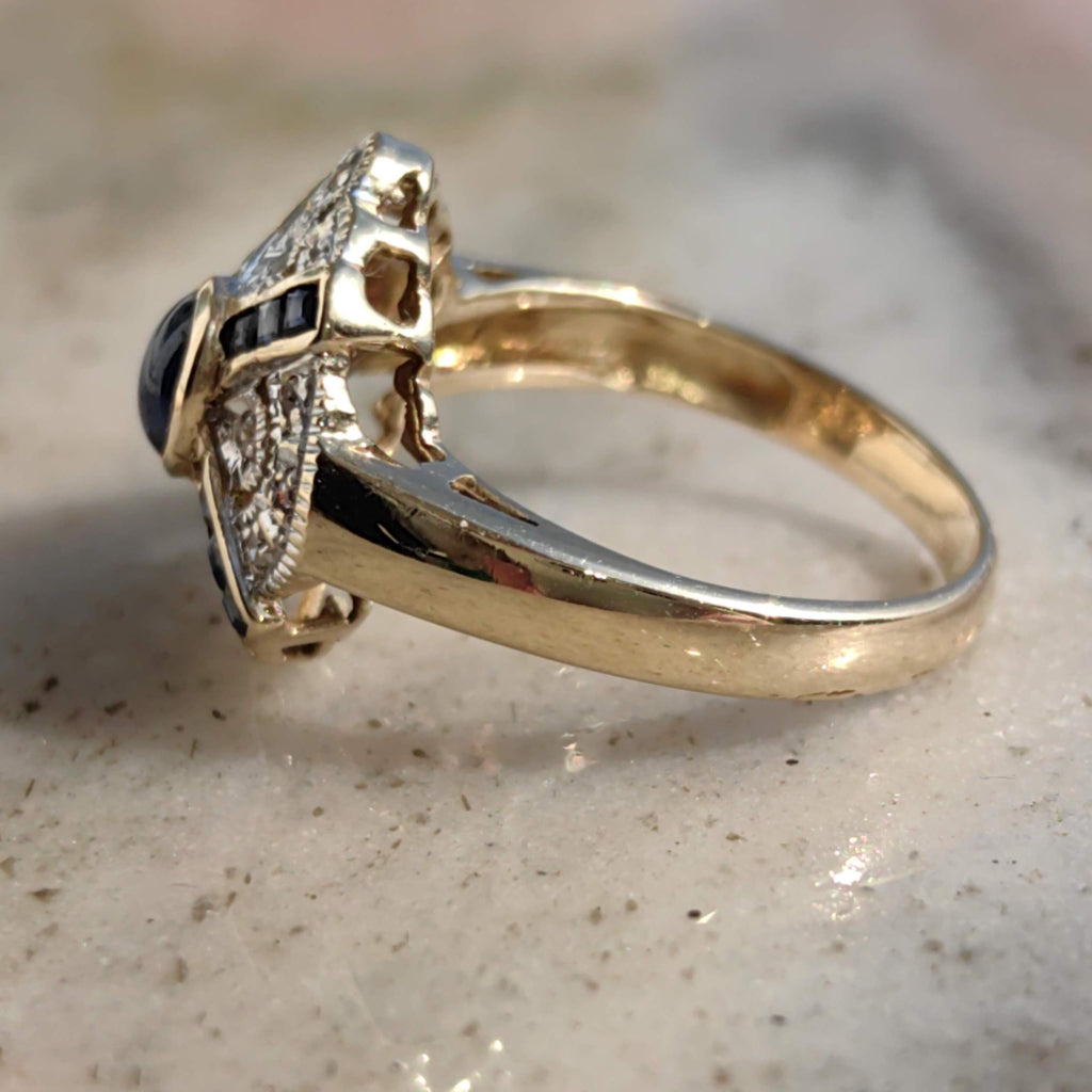 Vintage Art Deco 14k Gold Sapphire Diamond Ring - Size 6.5