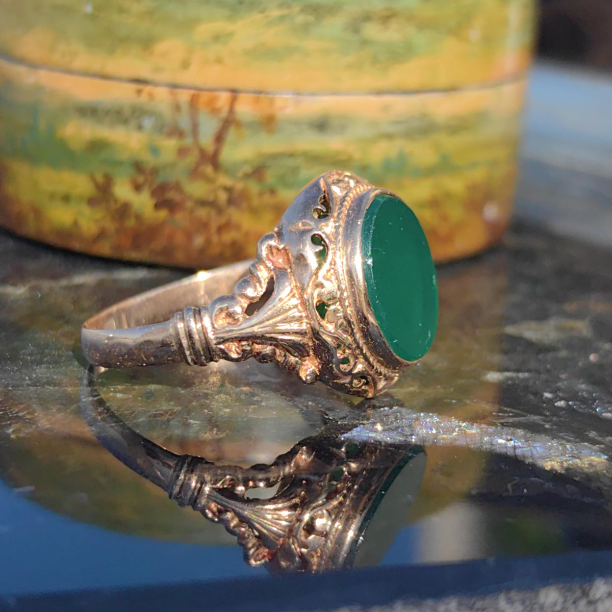 Vintage Chrysoprase Ring: 14k Yellow Gold Floral Solitaire, Size 10