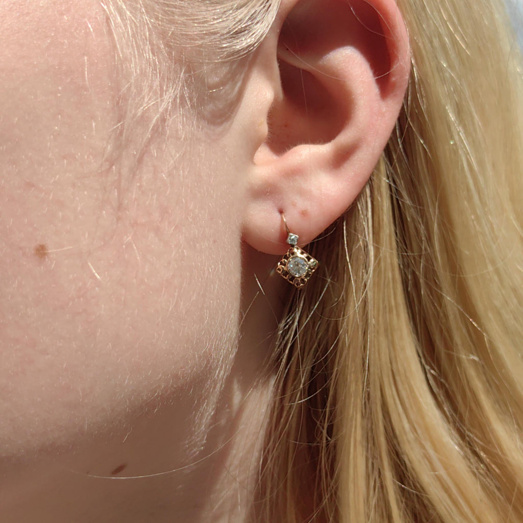 Art Nouveau Diamond 14K Gold Sleeper Earrings: Antique "Buds" Dormeuse