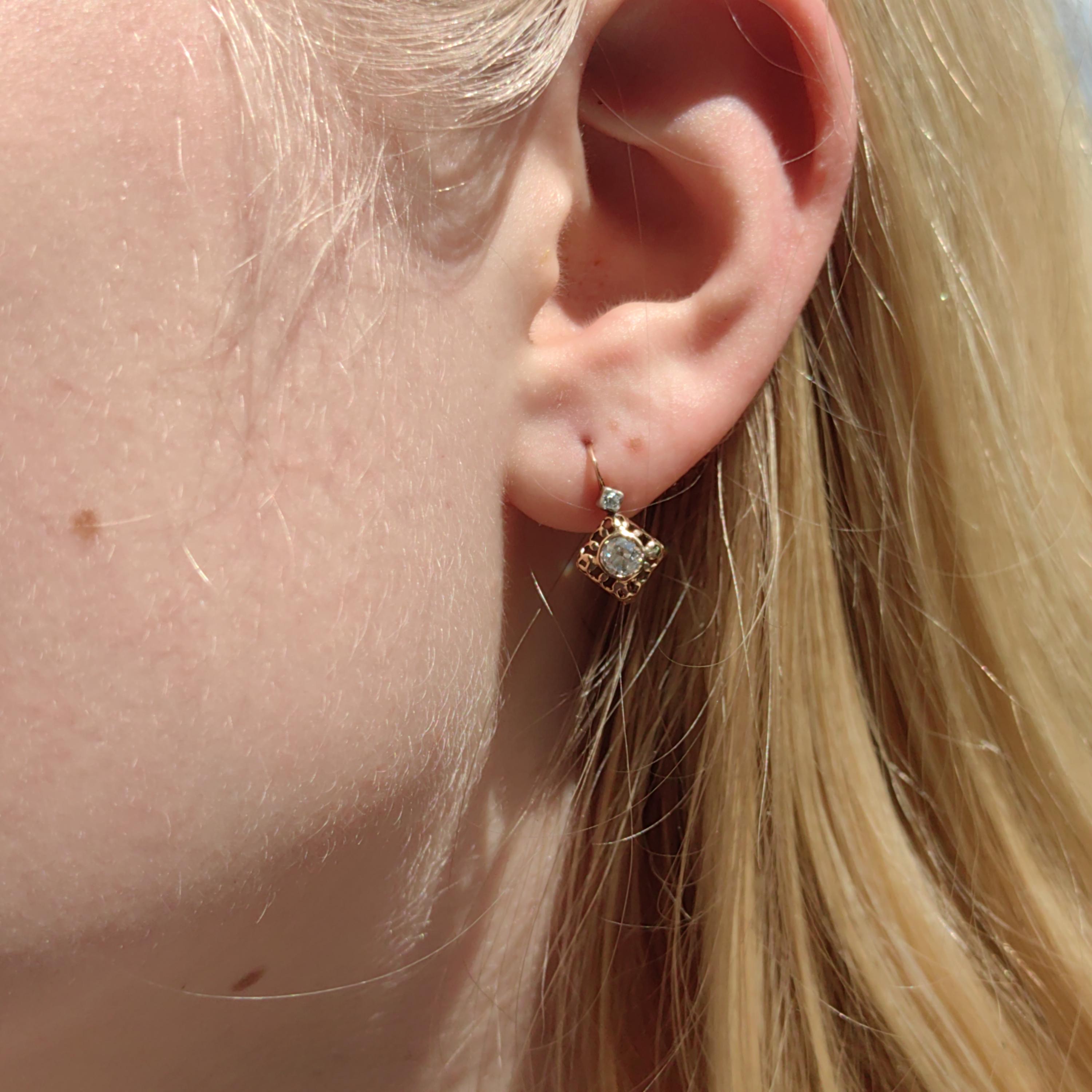 Art Nouveau Diamond 14K Gold Sleeper Earrings: Antique "Buds" Dormeuse