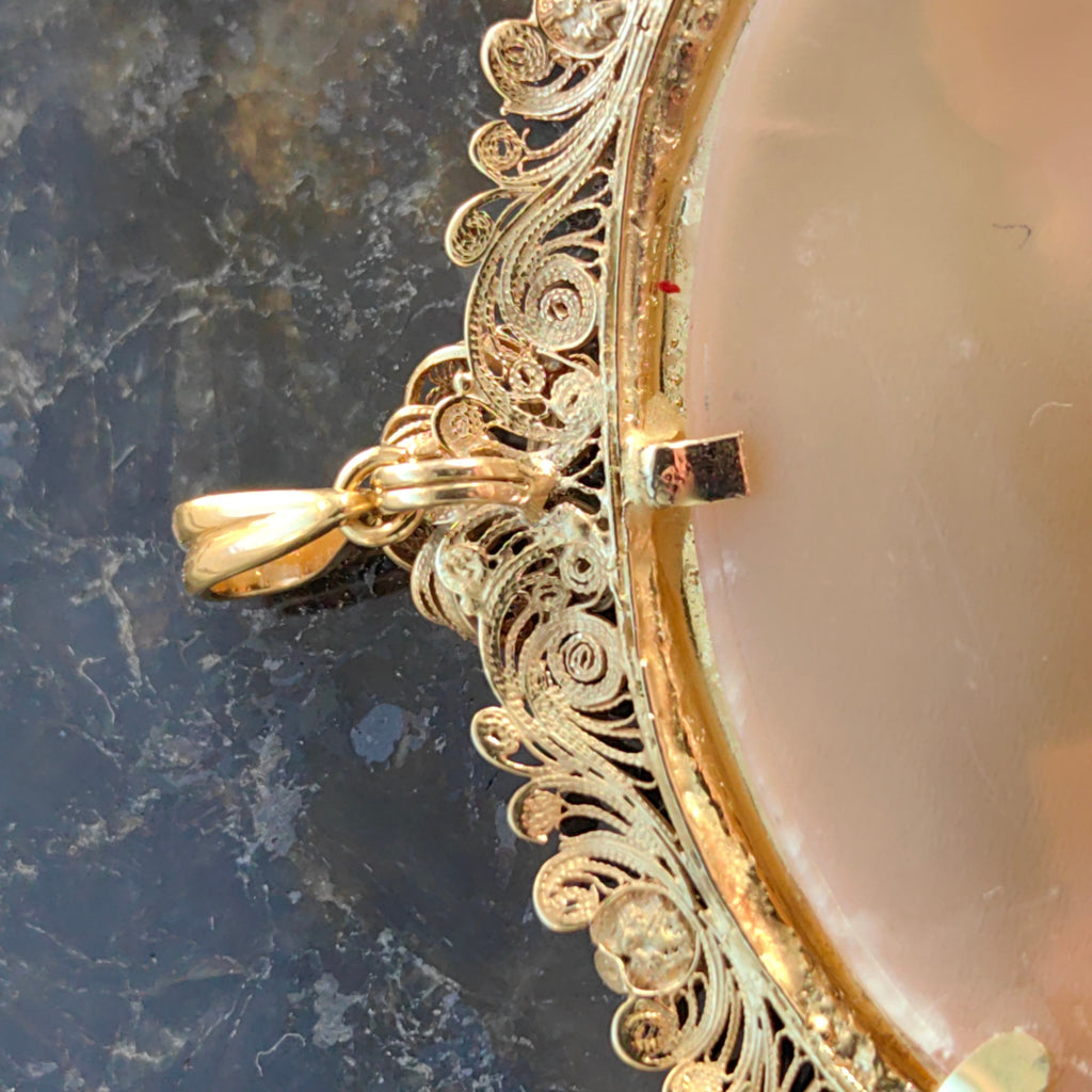 Antique 1830s Empire Shell Cameo Brooch Pendant: 14k Yellow Gold Filigree