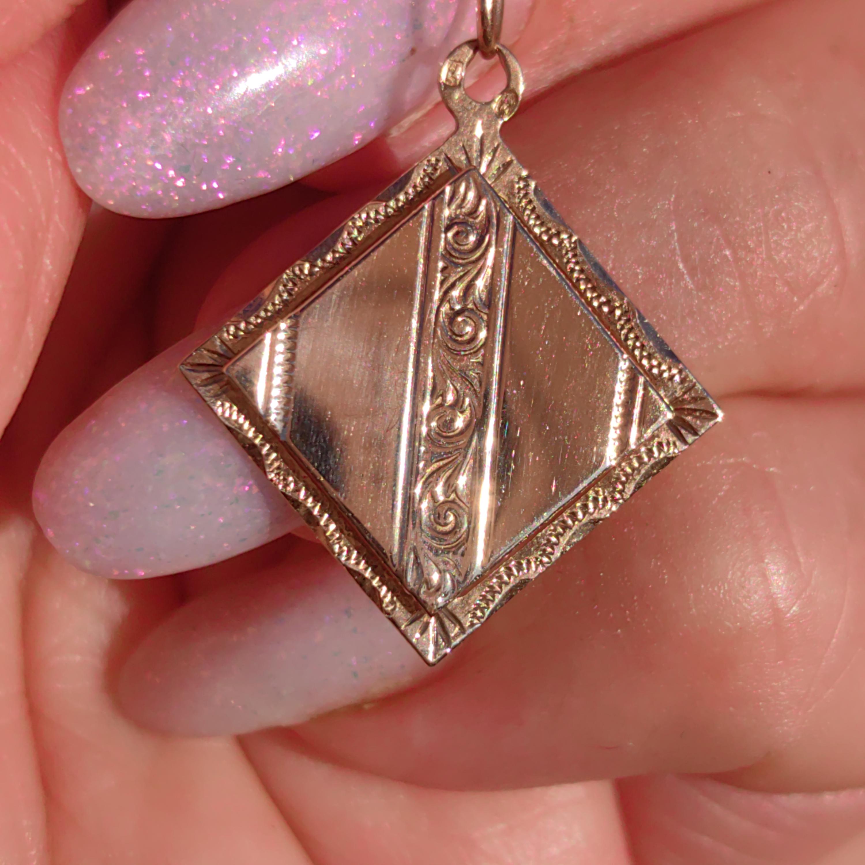 14k hallmarked Solid Yellow Rose Champagne Gold Square Painting Hand Chiseled Pattern Floral Vintage Antique 1900s Victorian Charm Pendant