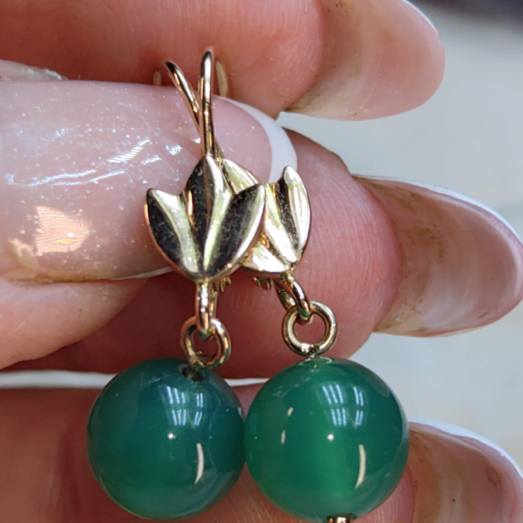Green Chalcedony 14k Gold Earrings: Vintage 1950s Dormeuse Style