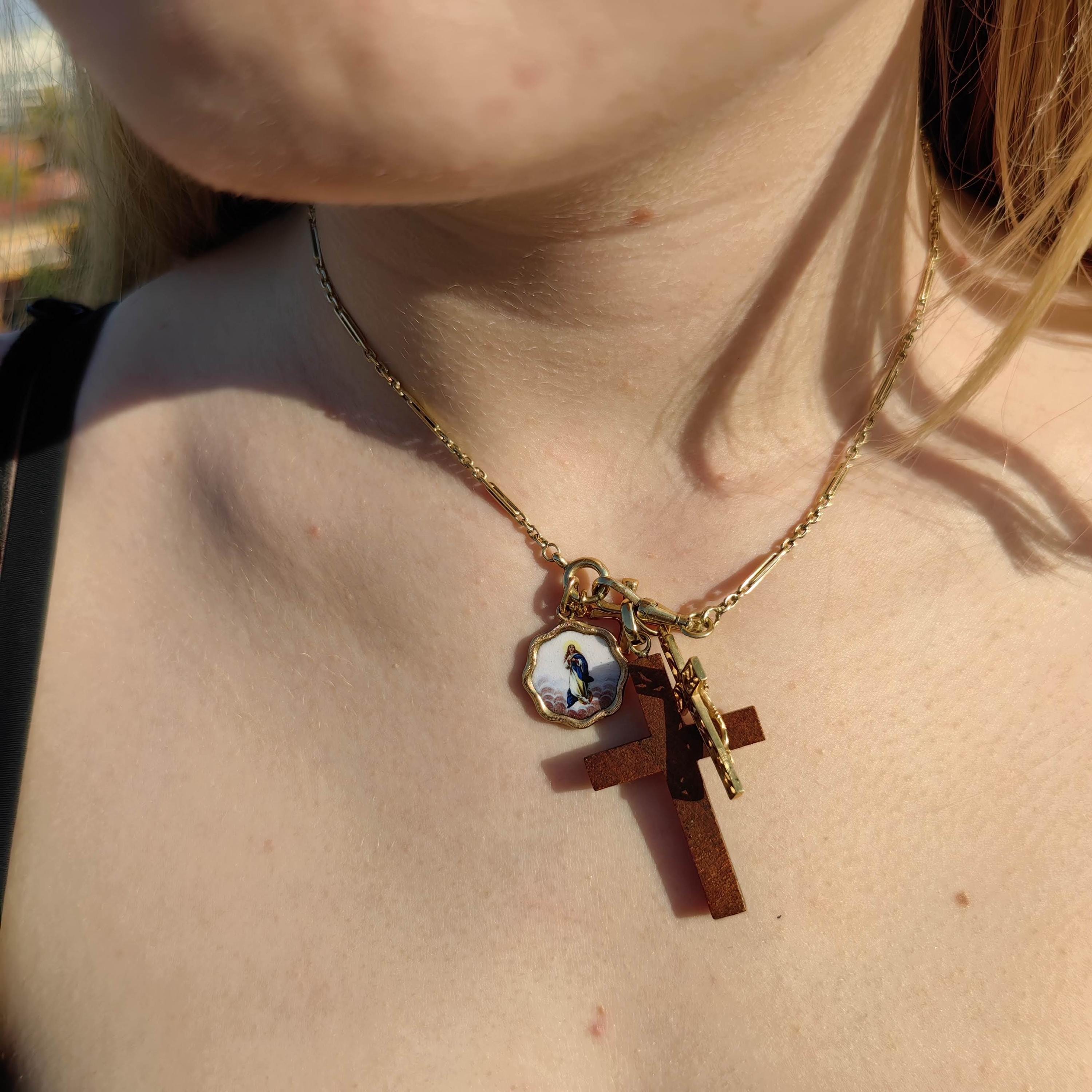 Antique Austrian-Hungarian 14k Gold Virgin Mary Enamel Pendant