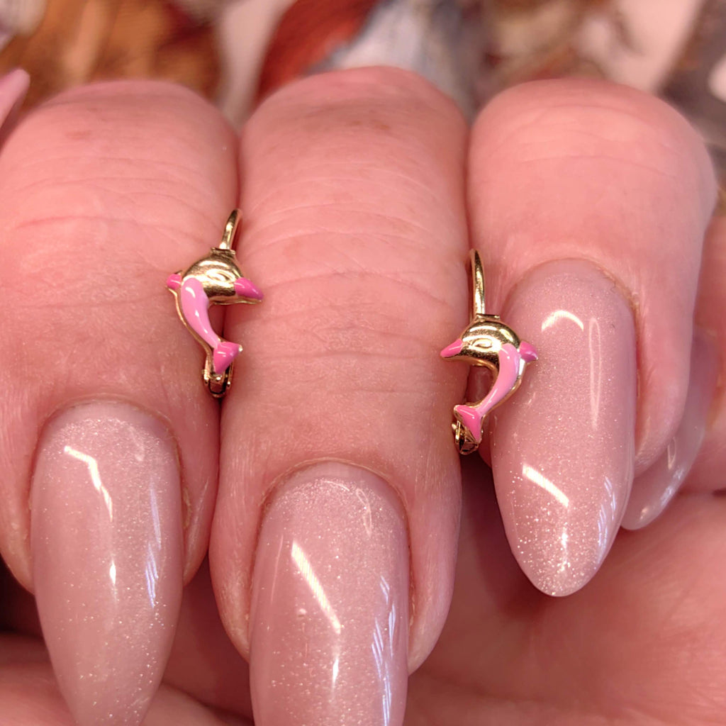 14k Solid Yellow Gold Enamel Pink Dolphin Cute Sleepers Lever Back Earrings, Vintage Ocean Sea Nautical Adorable Jewellery