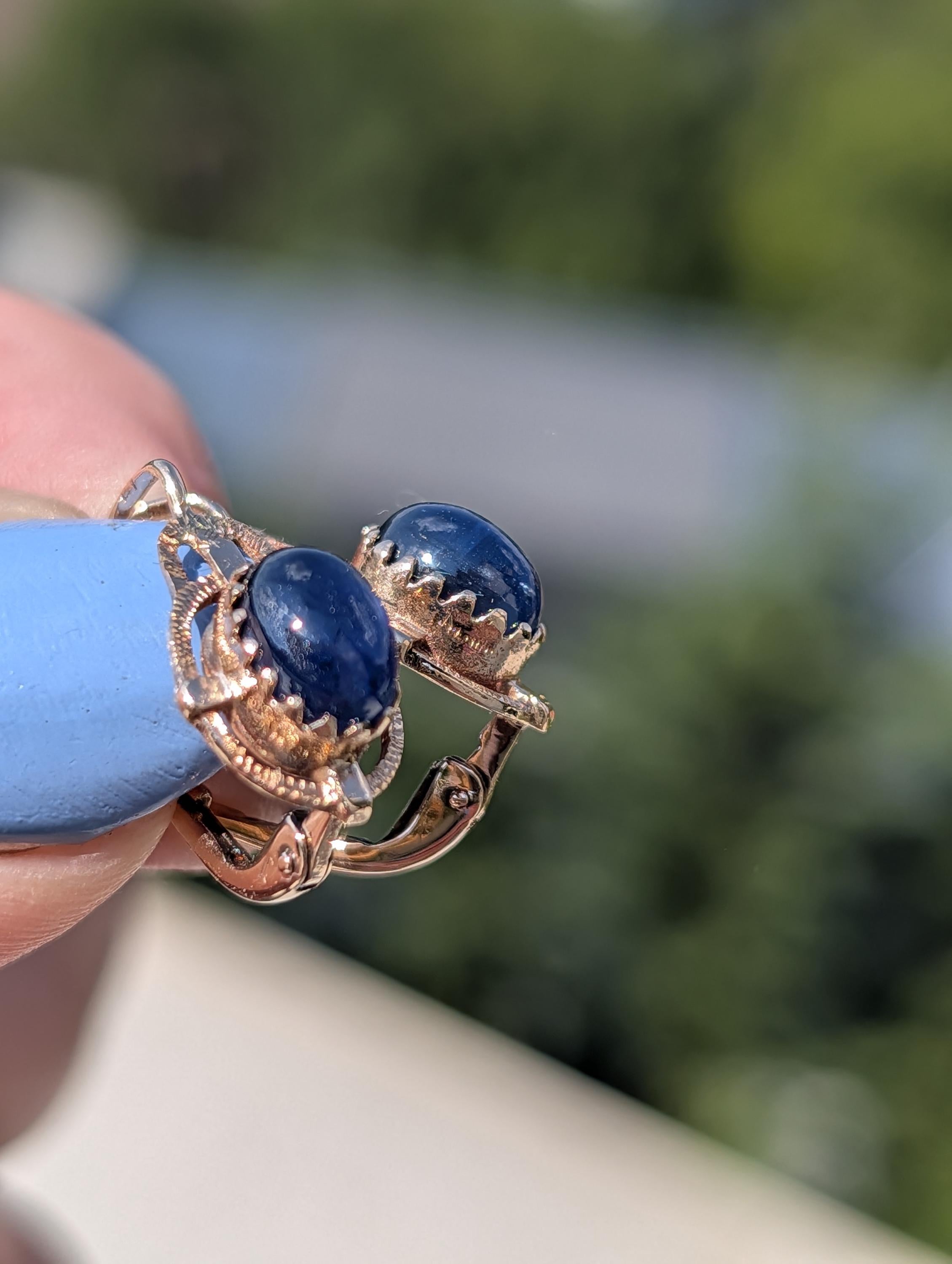1940s Late Art Deco Natural Sapphire Cabochon 14k Yellow Gold Earrings, Vintage Dangle Lever Back Earrings, Gift for Her Present