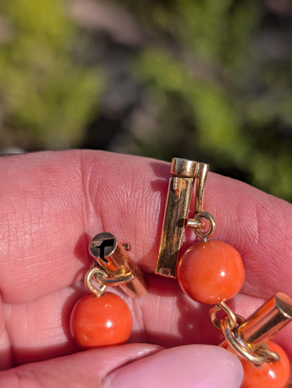 Antique 18kt Champagne Gold Natural Coral Bracelet, Hungarian Import Hallmarked Chain, Red Orange Mediterranean Coral Chic Boho Gift Her Him