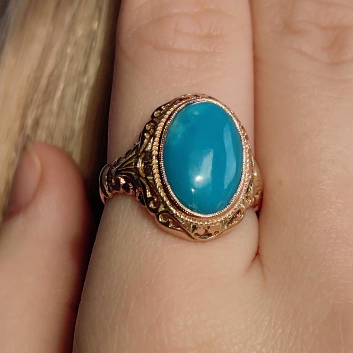 Vintage 14k Solid Yellow Gold Natural Blue Turquoise Ring, Antique 1930s Hand Chiseled Statement Jewelry Gift for Her