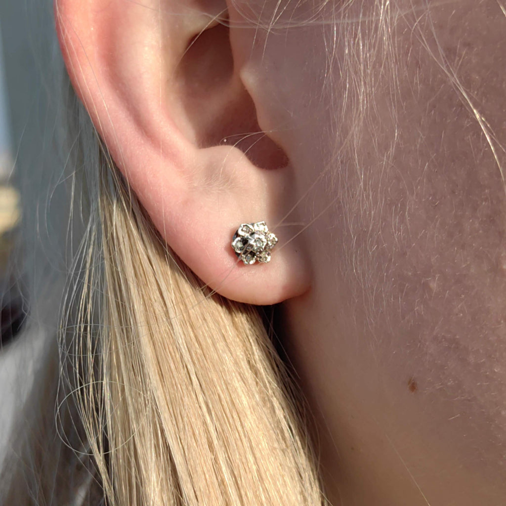 Art Deco 14k Gold Diamond Floral Stud Earrings: 1940s Vintage Engagement