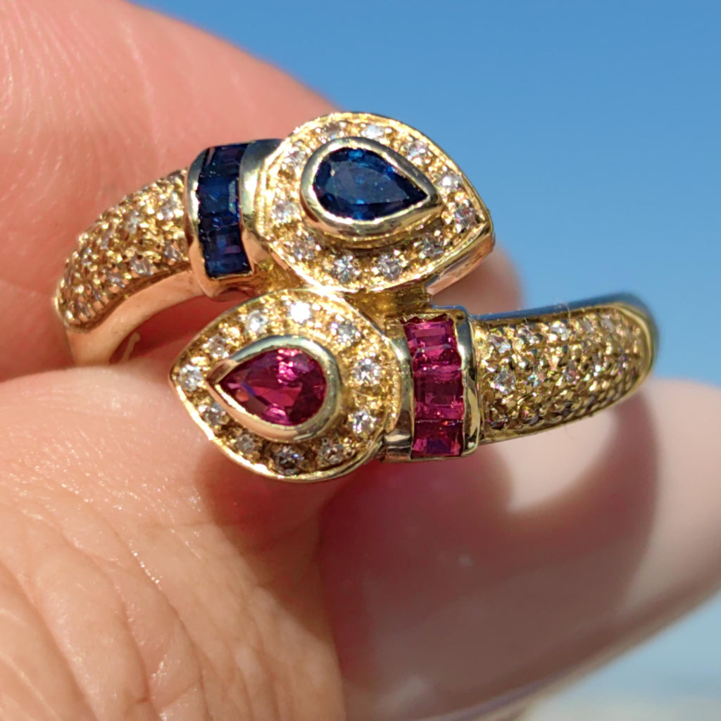 Vintage 18k Gold Snake Ring: Ruby, Sapphire & Diamond Accent