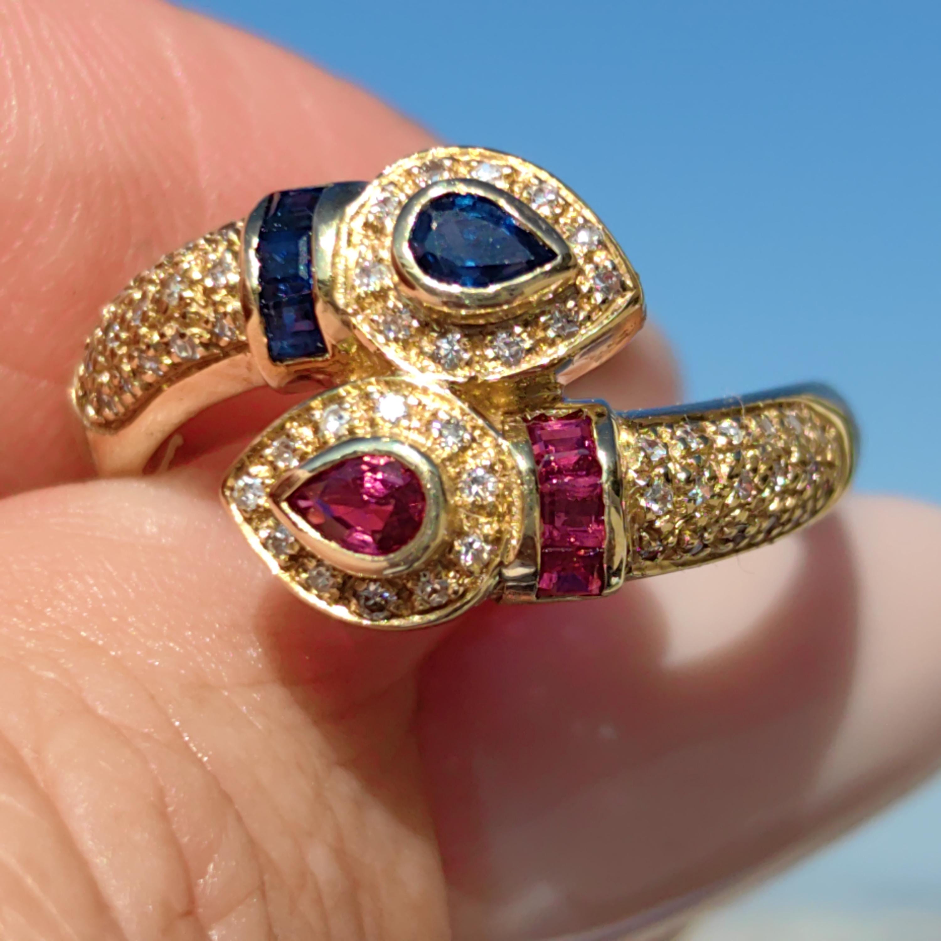 Vintage 18k Gold Snake Ring: Ruby, Sapphire & Diamond Accent
