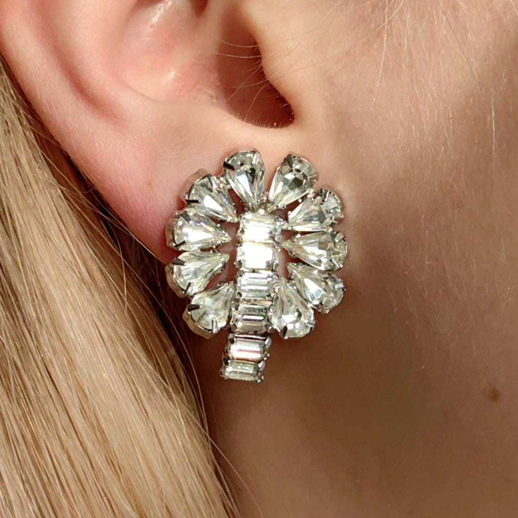 Art Deco Paste Stone Clip-on Earrings: Antique Silver Costume Jewelry