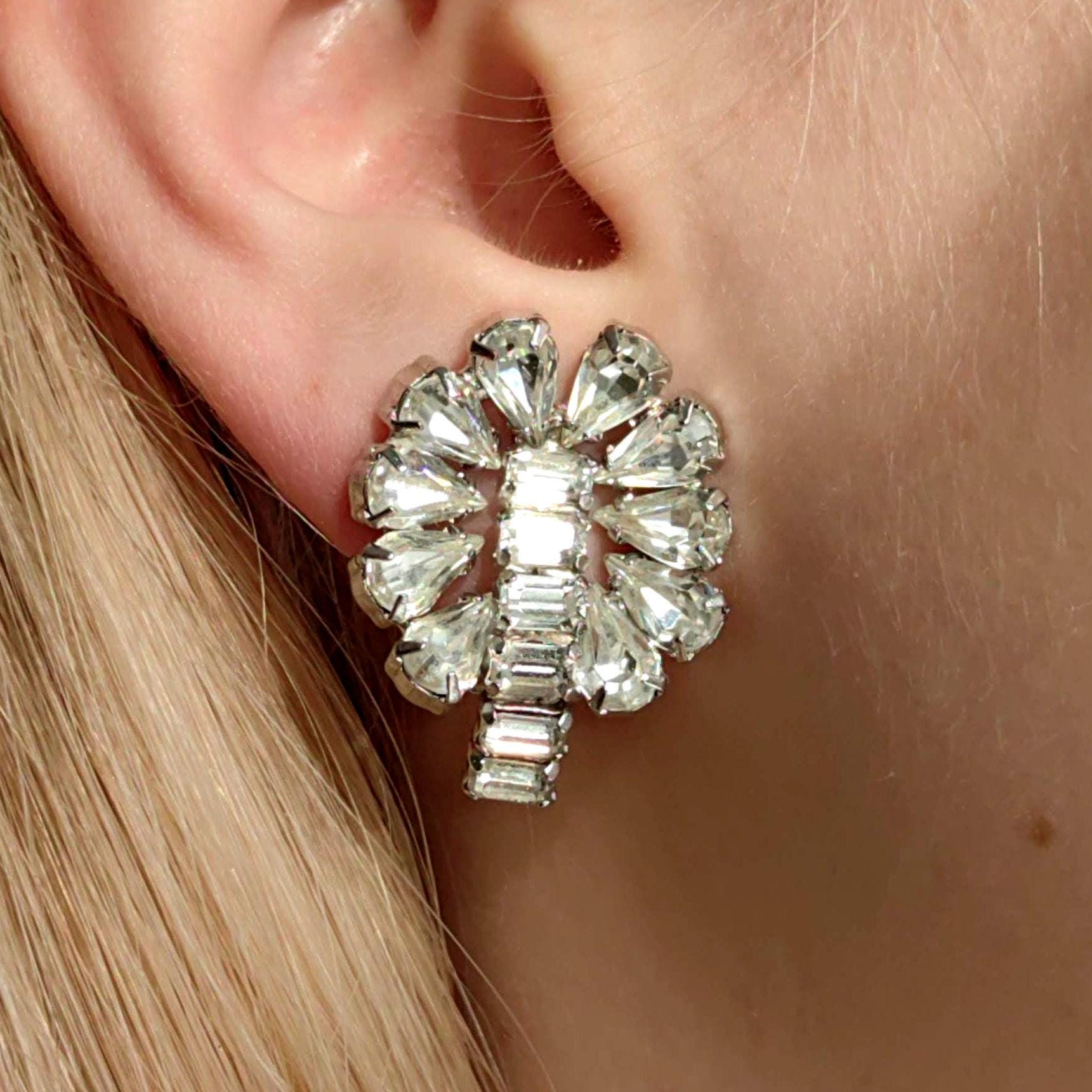 Art Deco Paste Stone Clip-on Earrings: Antique Silver Costume Jewelry
