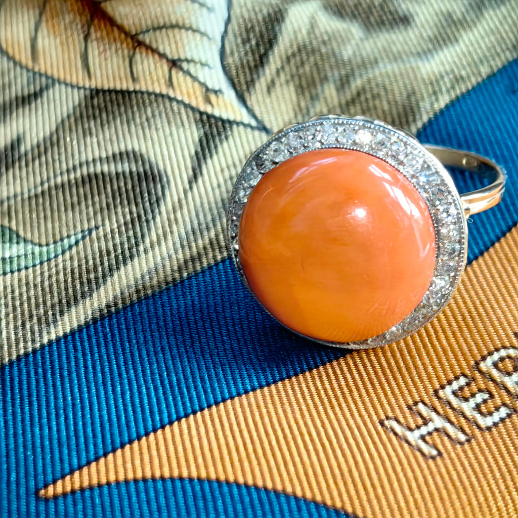 Art Deco Coral Diamond Ring: 1930s Platina Setting, 14k Gold