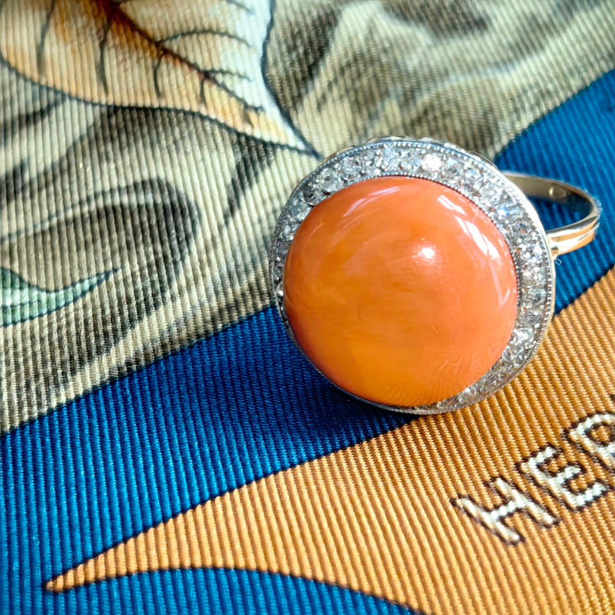 Art Deco Coral Diamond Ring: 1930s Platina Setting, 14k Gold